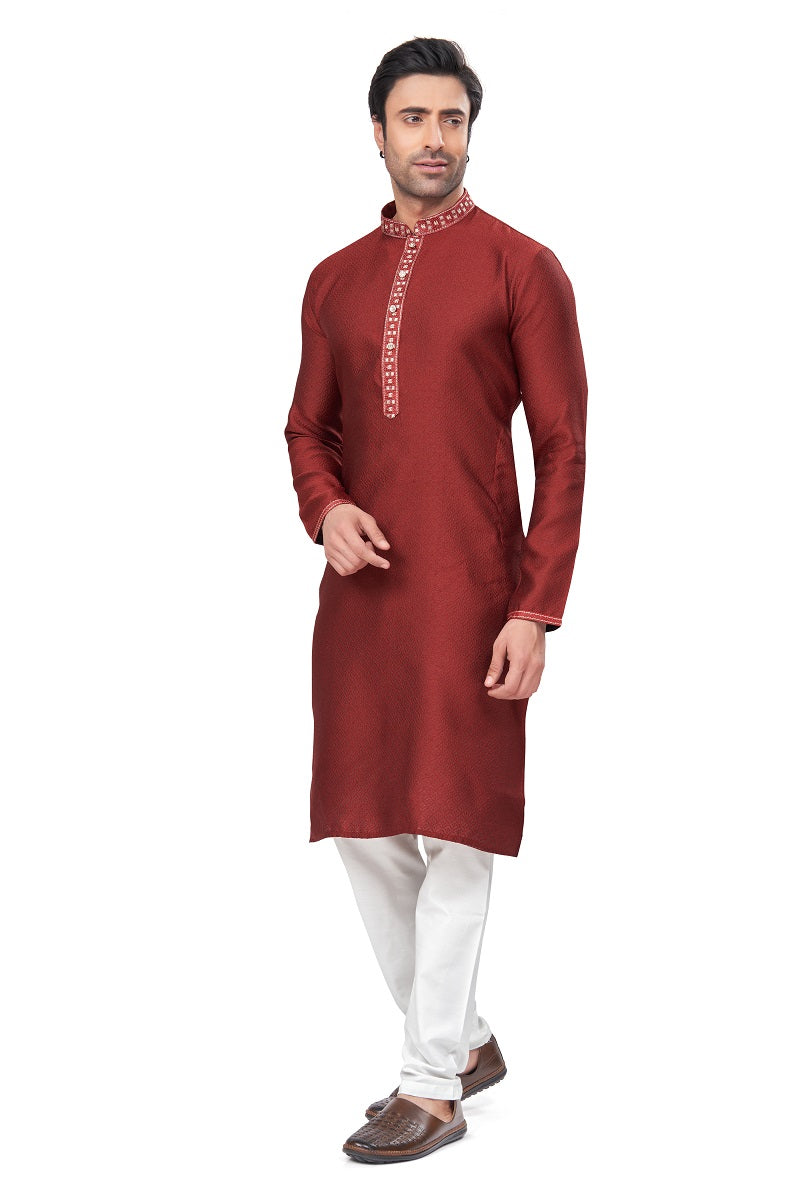 Red Jacquard Mens Kurta Pajama 131004