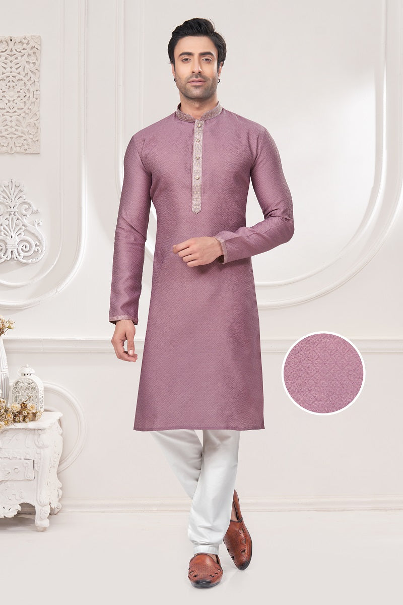 Onion Pink Jacquard Mens Kurta Pajama 131005