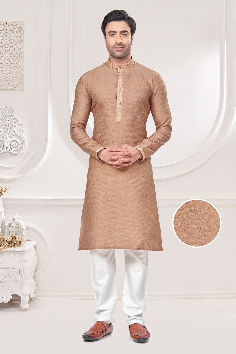 Beige Jacquard Mens Kurta Pajama 131007