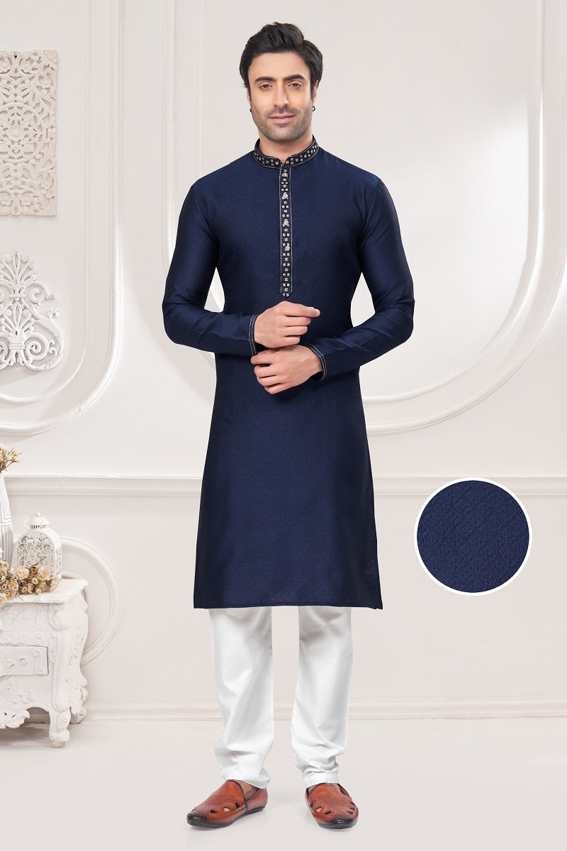 Navy Blue Jacquard Mens Kurta Pajama 131008