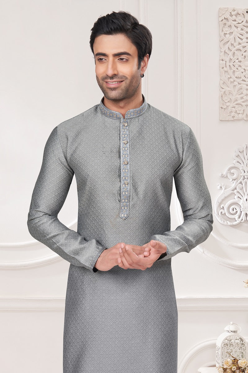 Grey Jacquard Mens Kurta Pajama 131009