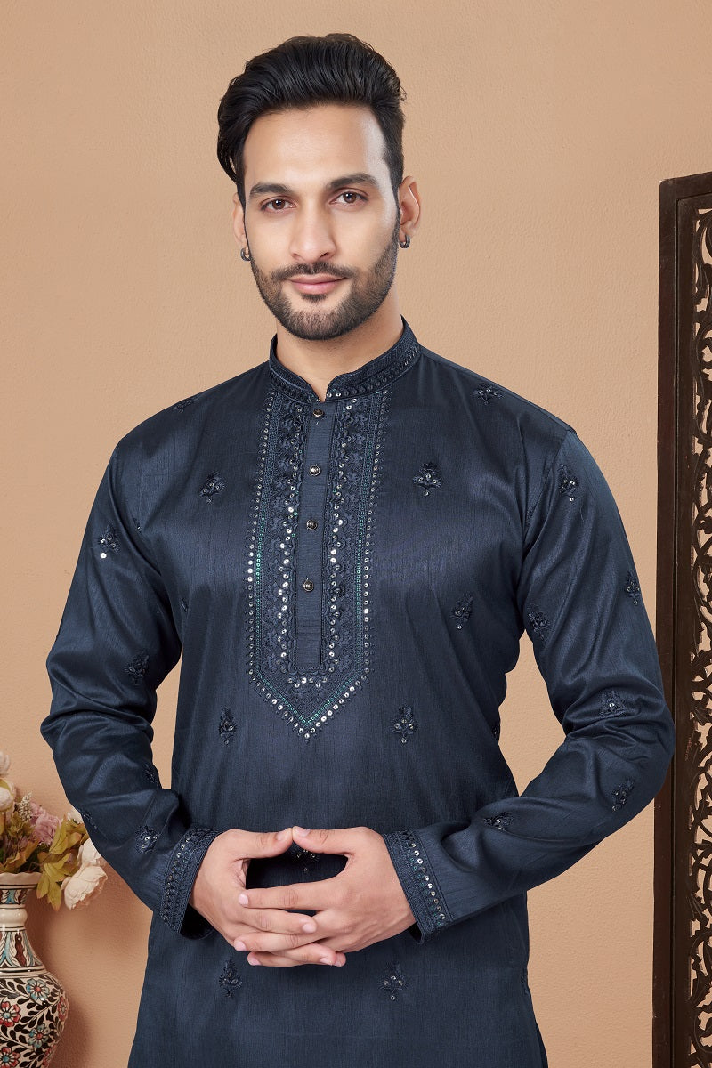 Navy Blue Jacquard Mens Kurta Pajama 131010