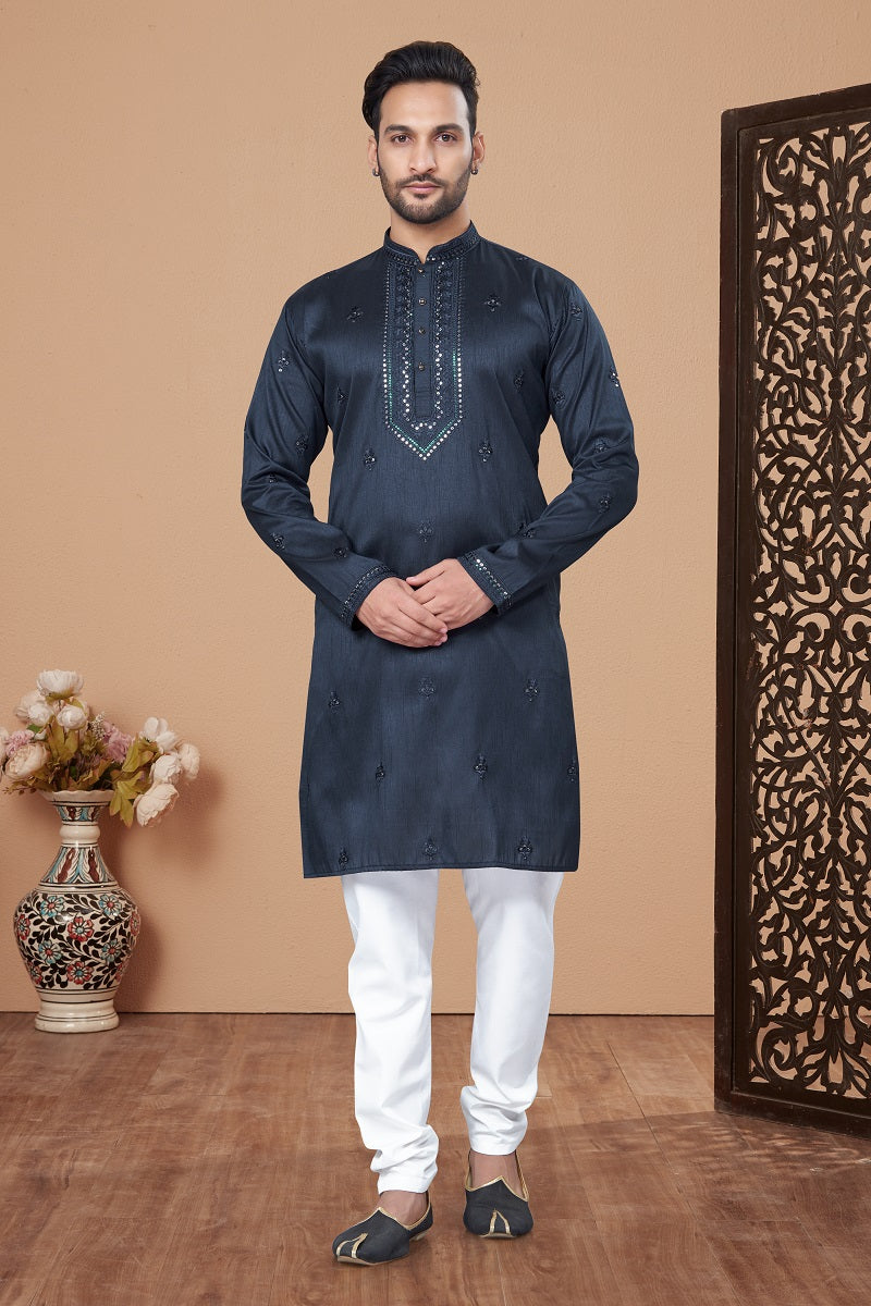 Navy Blue Jacquard Mens Kurta Pajama 131010