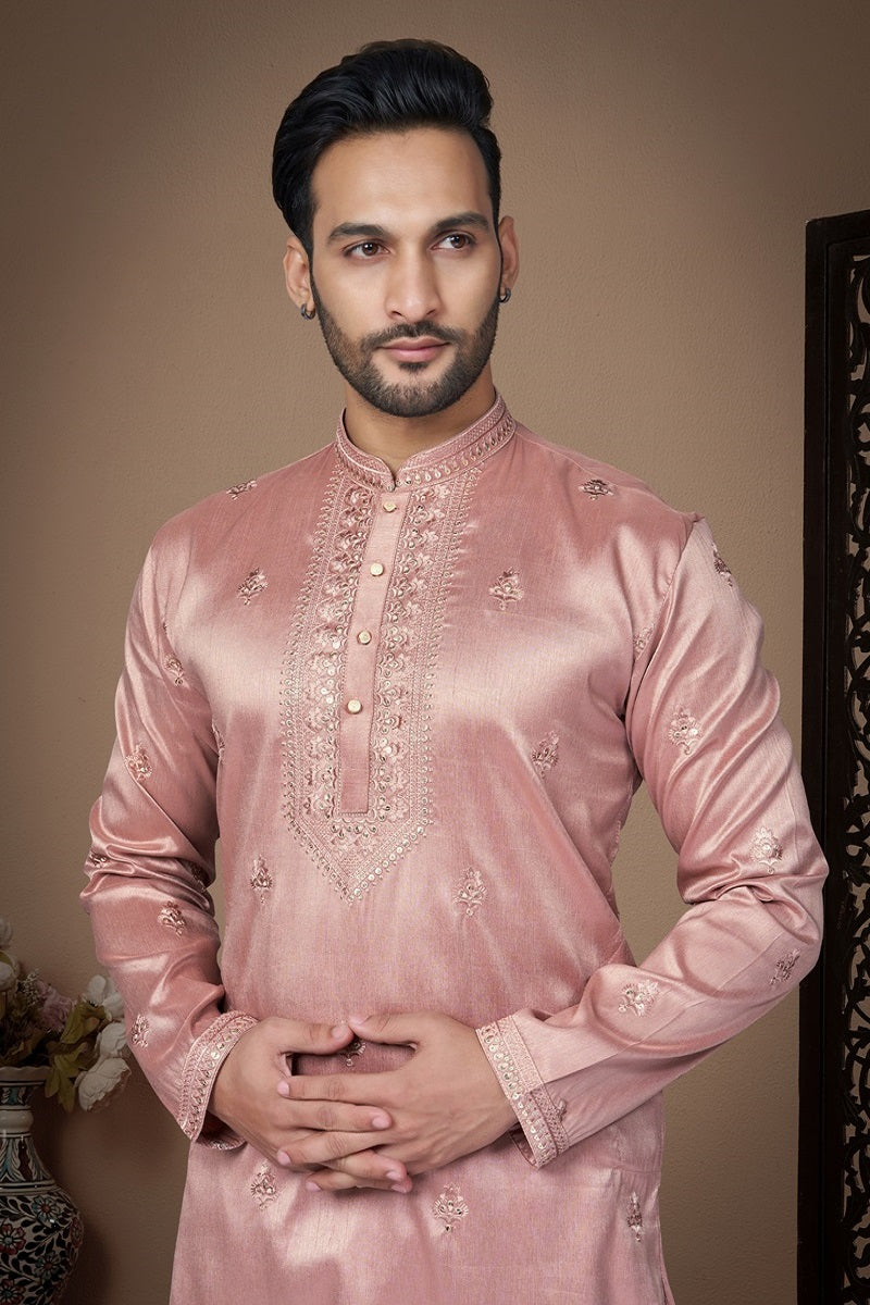 Peach Jacquard Mens Kurta Pajama 131012