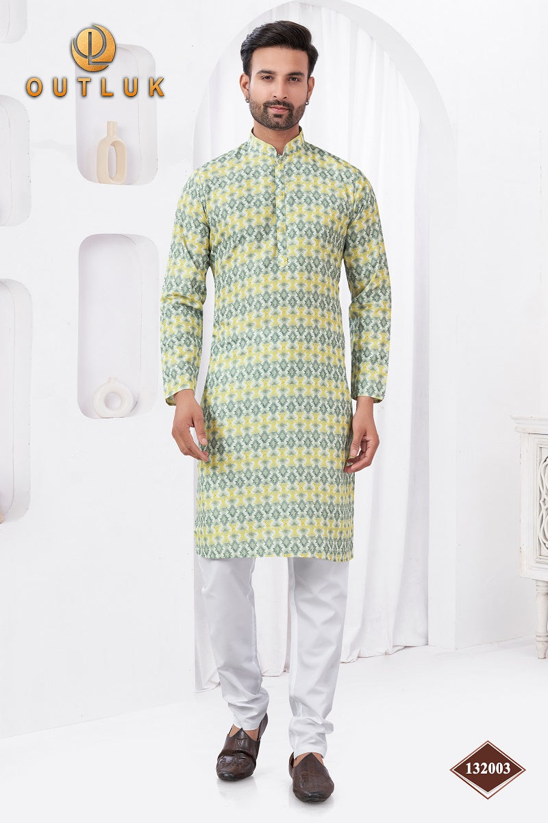 Yellow Rayon Cotton Mens Kurta Pajama 132003