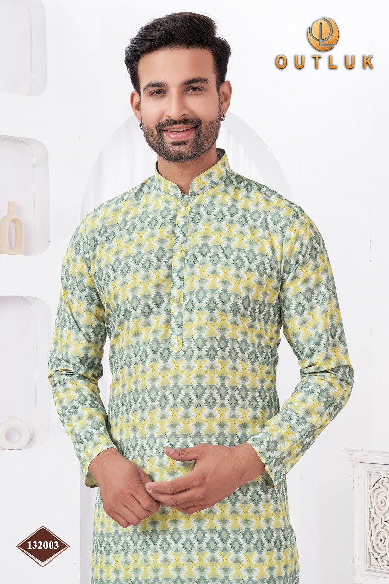 Yellow Rayon Cotton Mens Kurta Pajama 132003