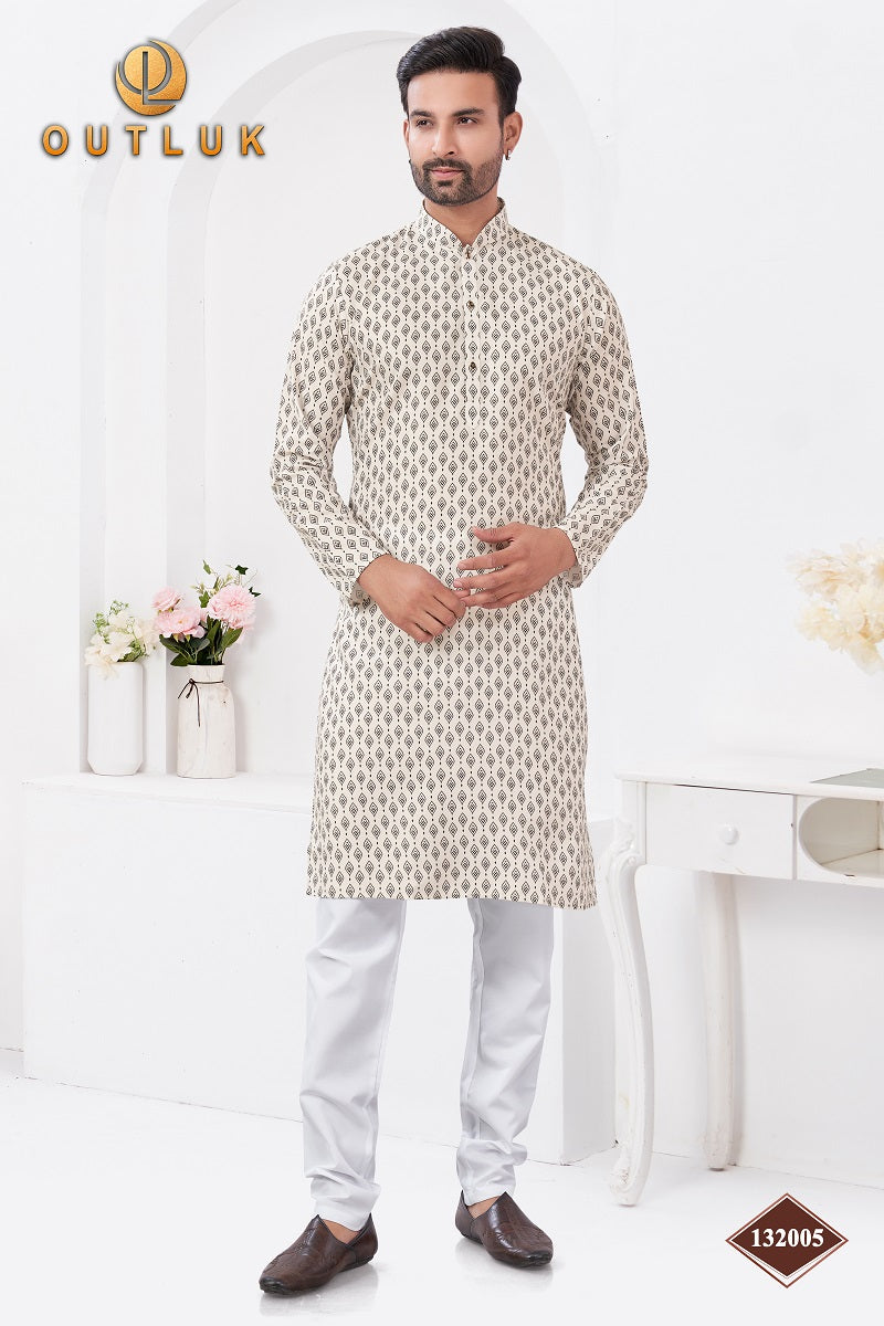 Cream Rayon Cotton Mens Kurta Pajama 132005