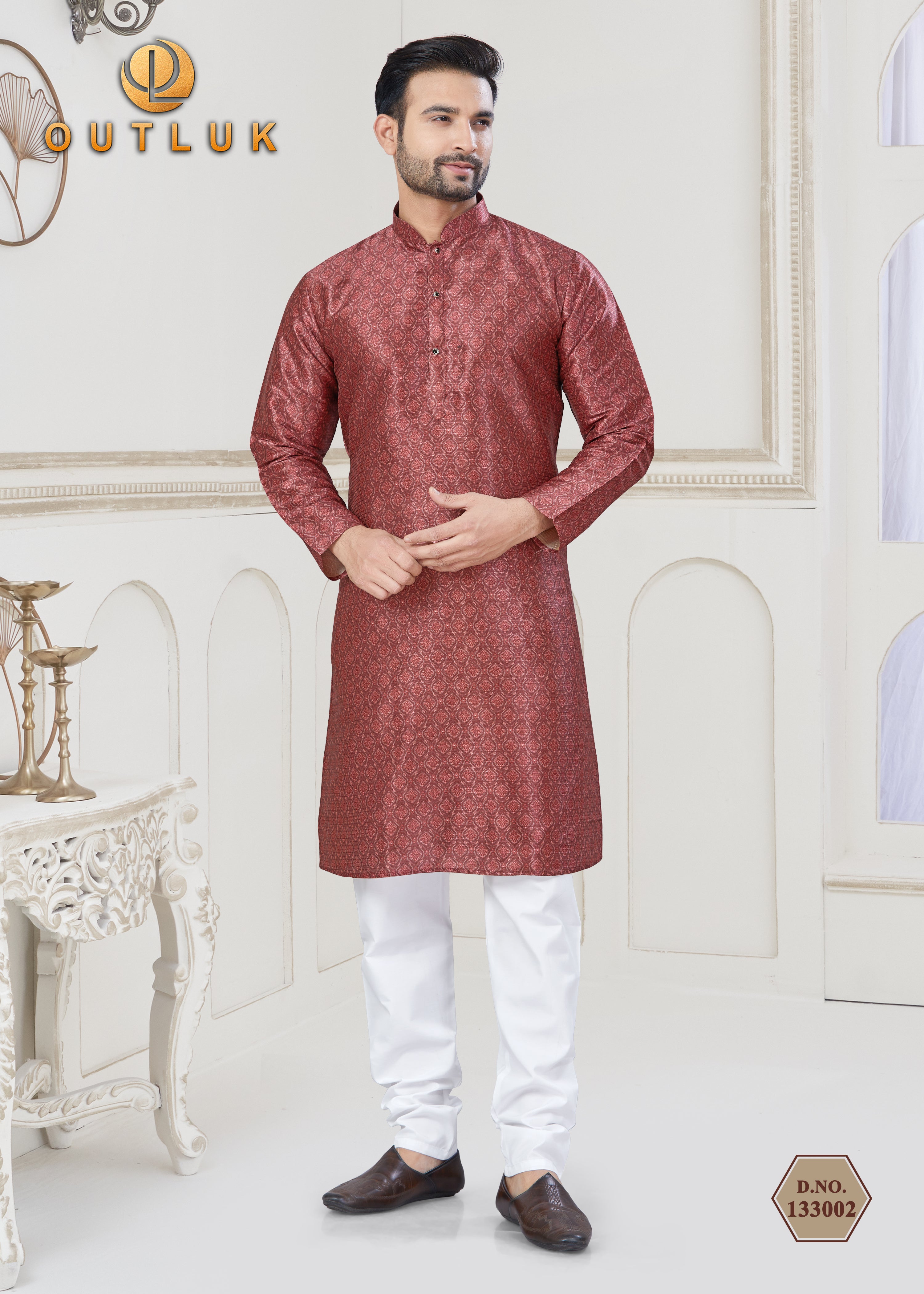 Red Jecquard Mens Kurta Pajama 133002