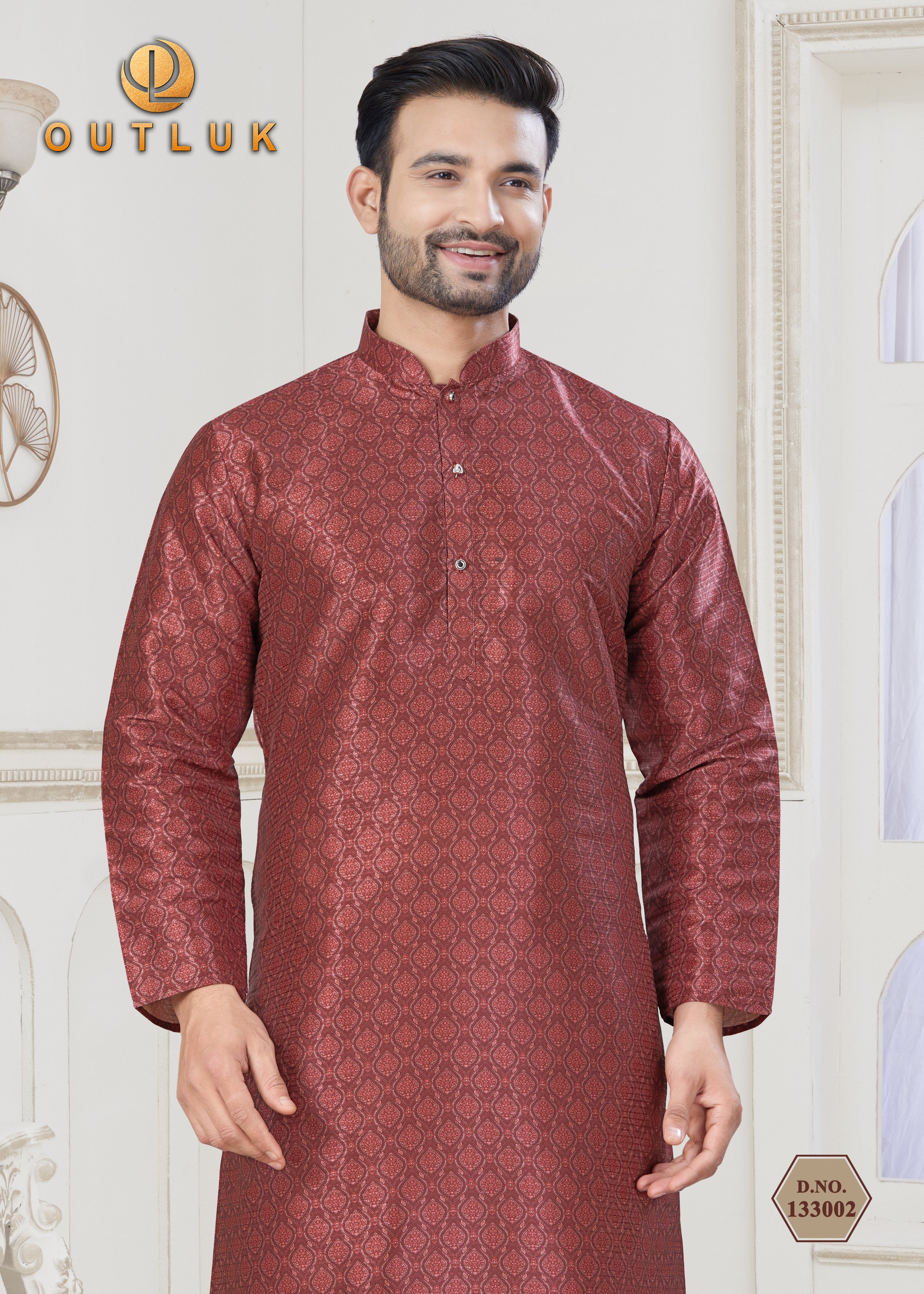 Red Jecquard Mens Kurta Pajama 133002