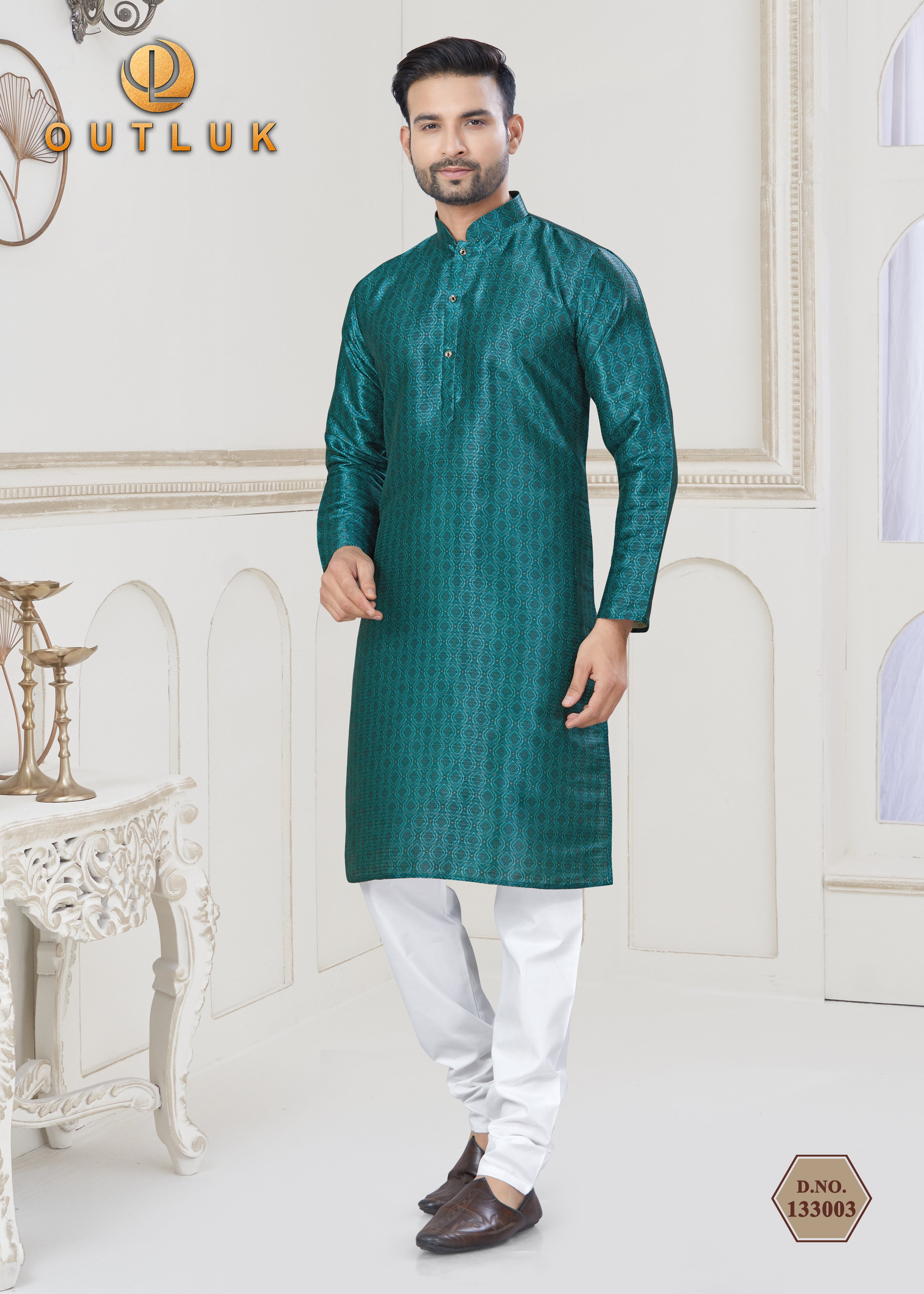 Green Jecquard Mens Kurta Pajama 133003