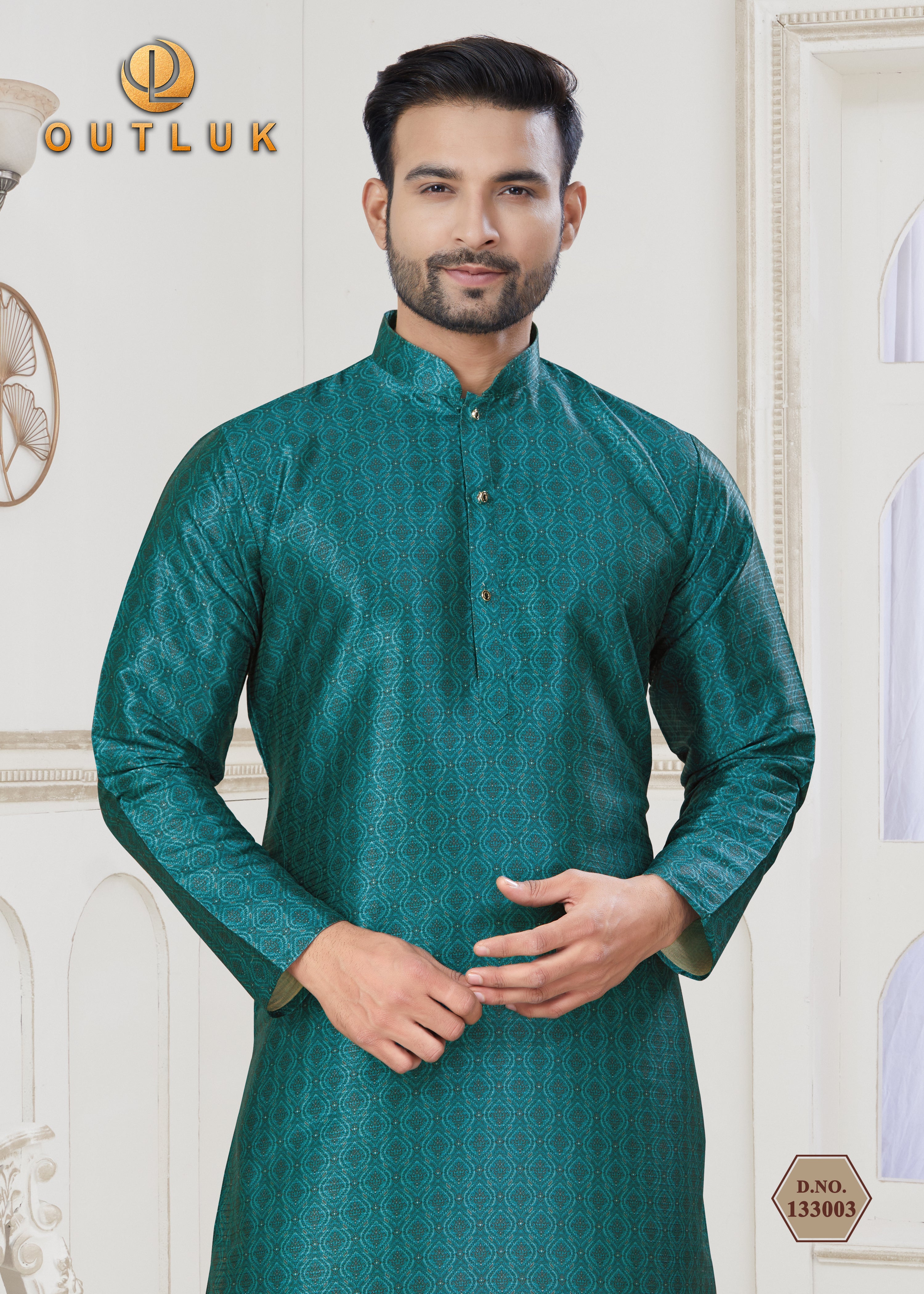 Green Jecquard Mens Kurta Pajama 133003