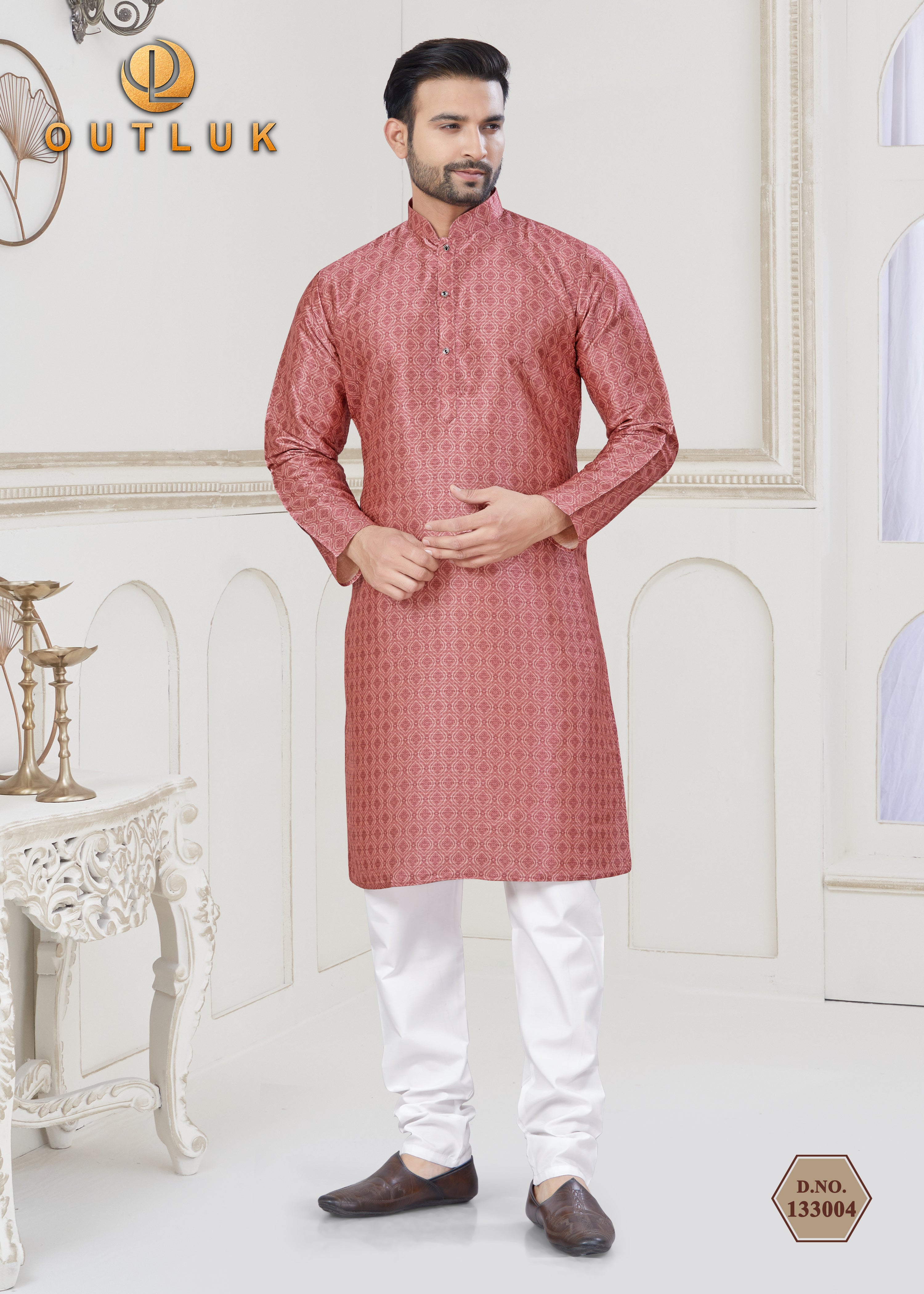 Pink Jecquard Mens Kurta Pajama 133004