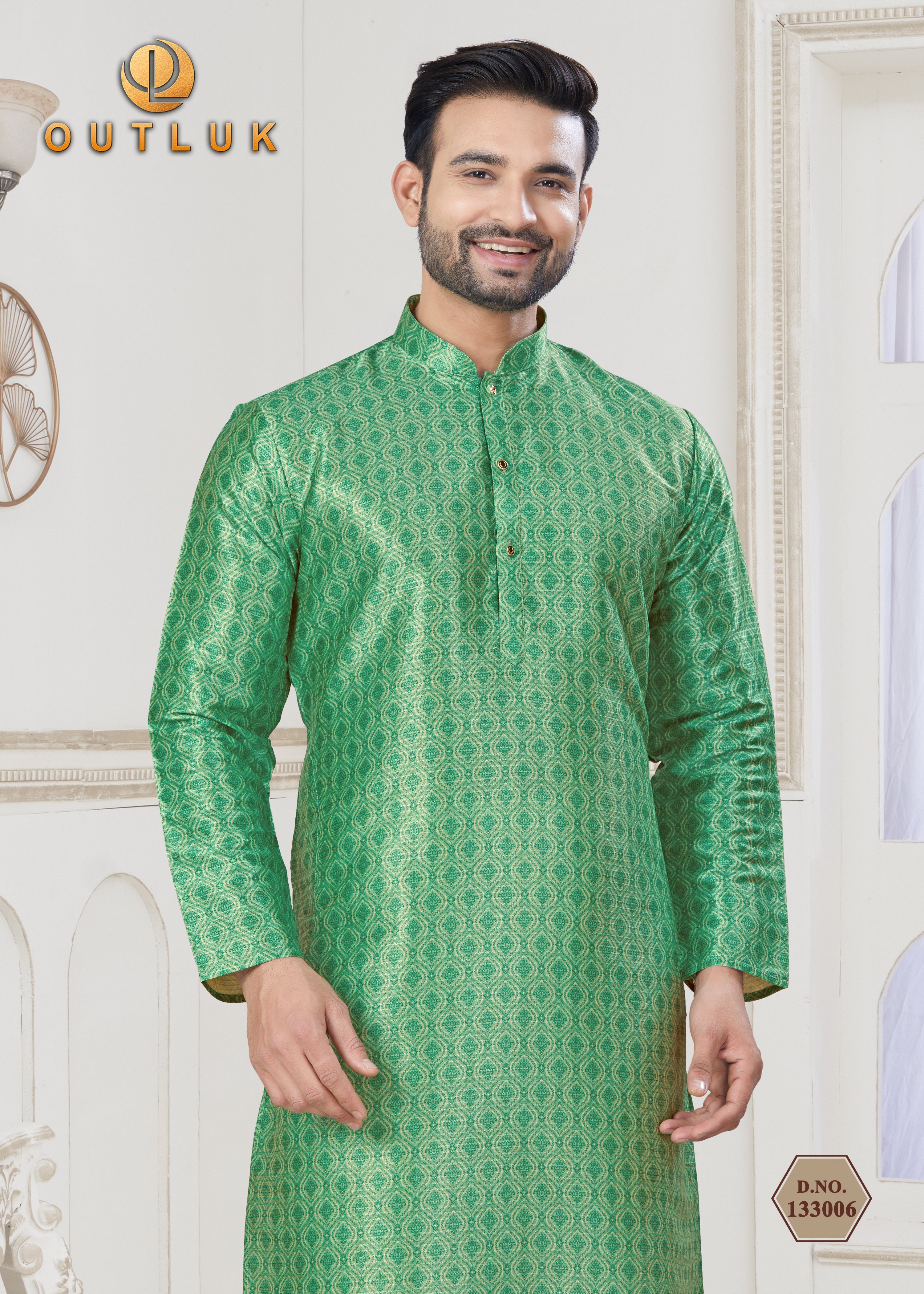 Green Jecquard Mens Kurta Pajama 133006