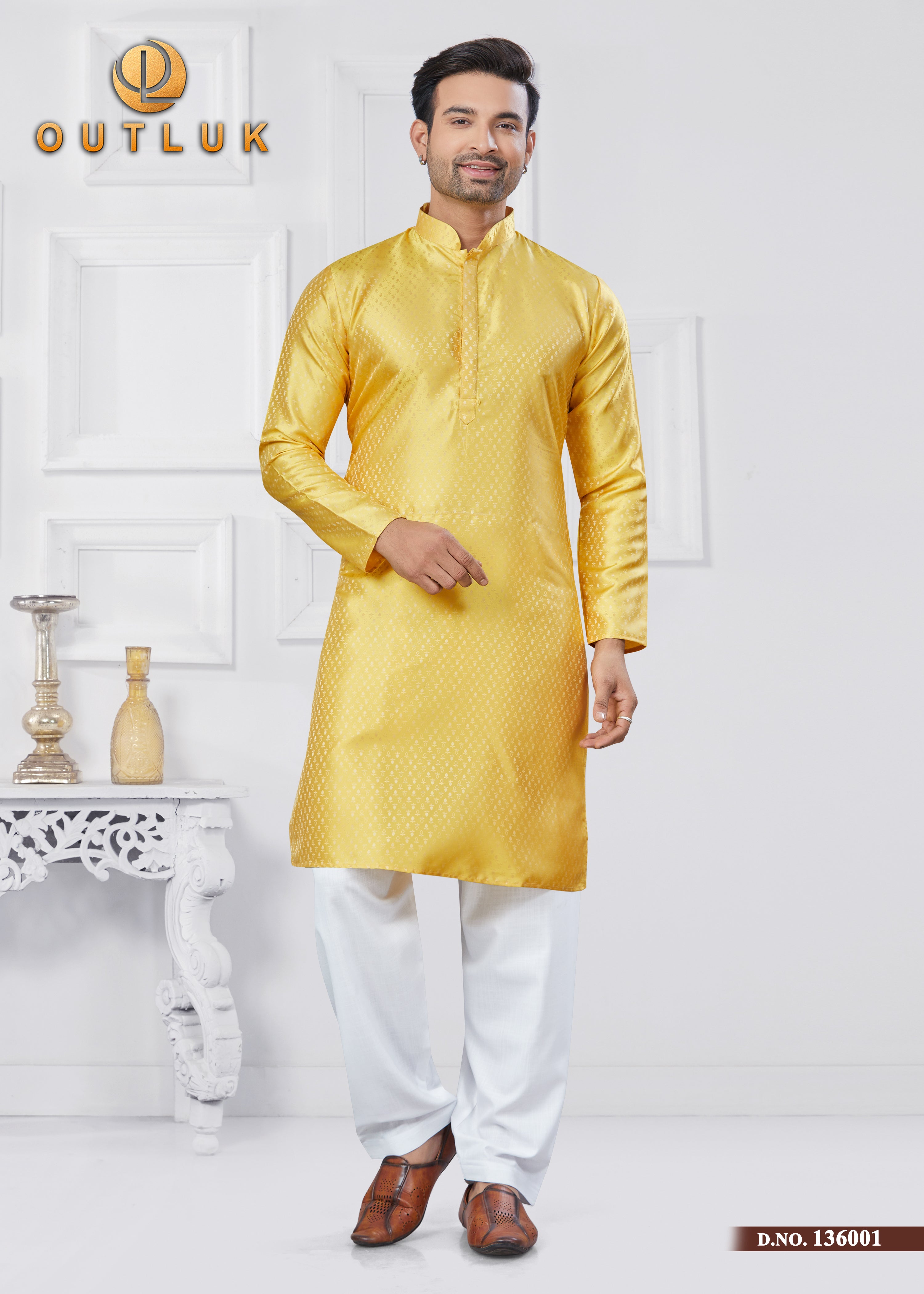Yellow Jecquard Silk Mens Kurta Pajama 136001