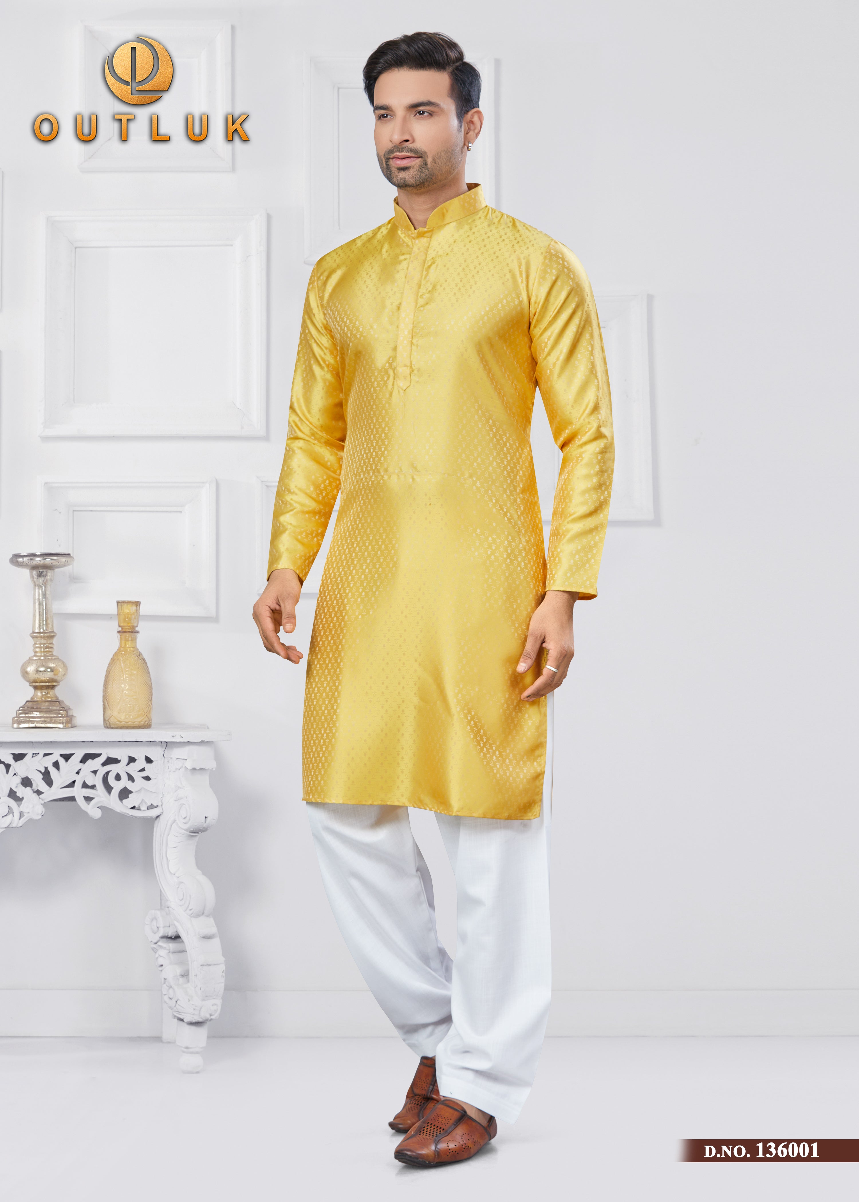 Yellow Jecquard Silk Mens Kurta Pajama 136001