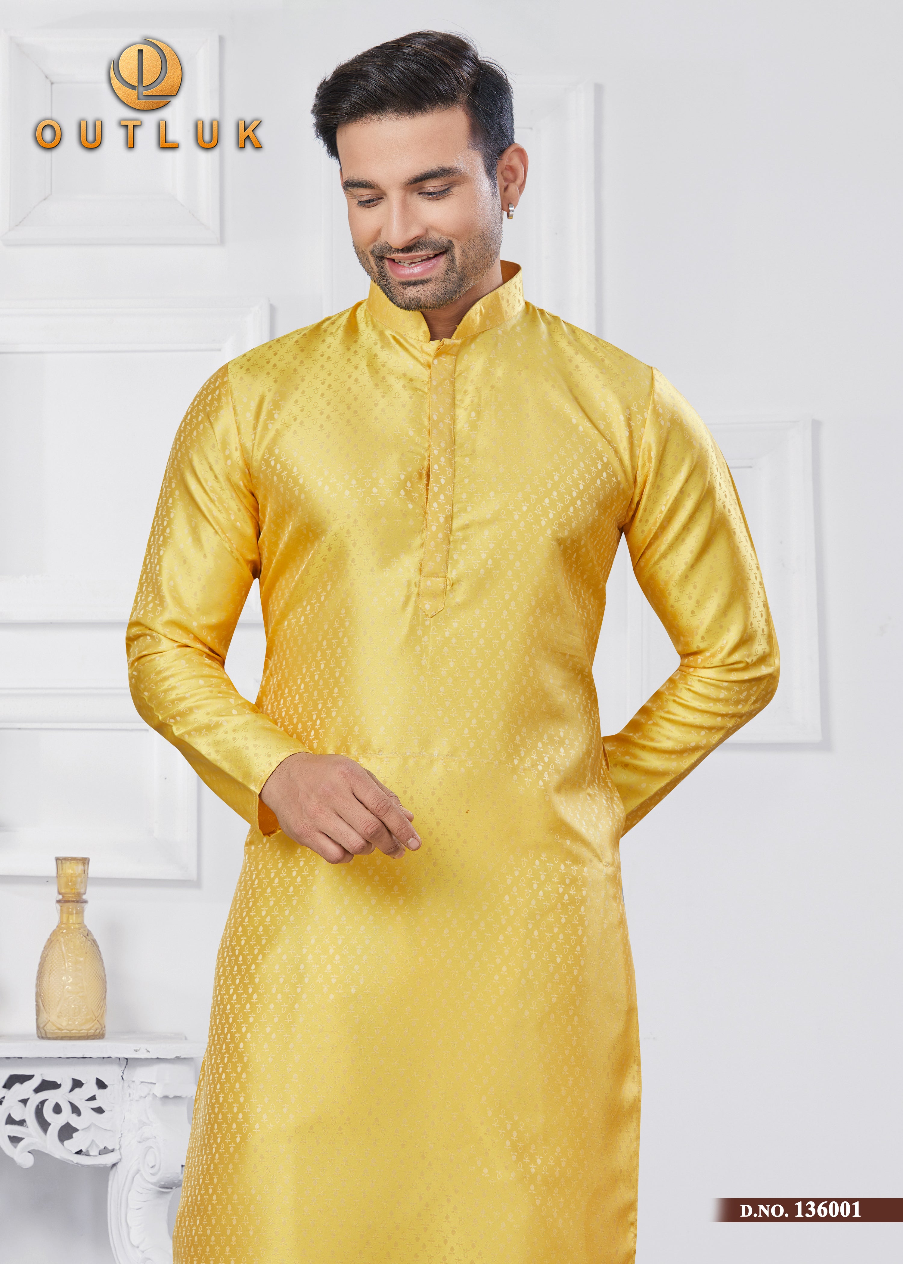 Yellow Jecquard Silk Mens Kurta Pajama 136001