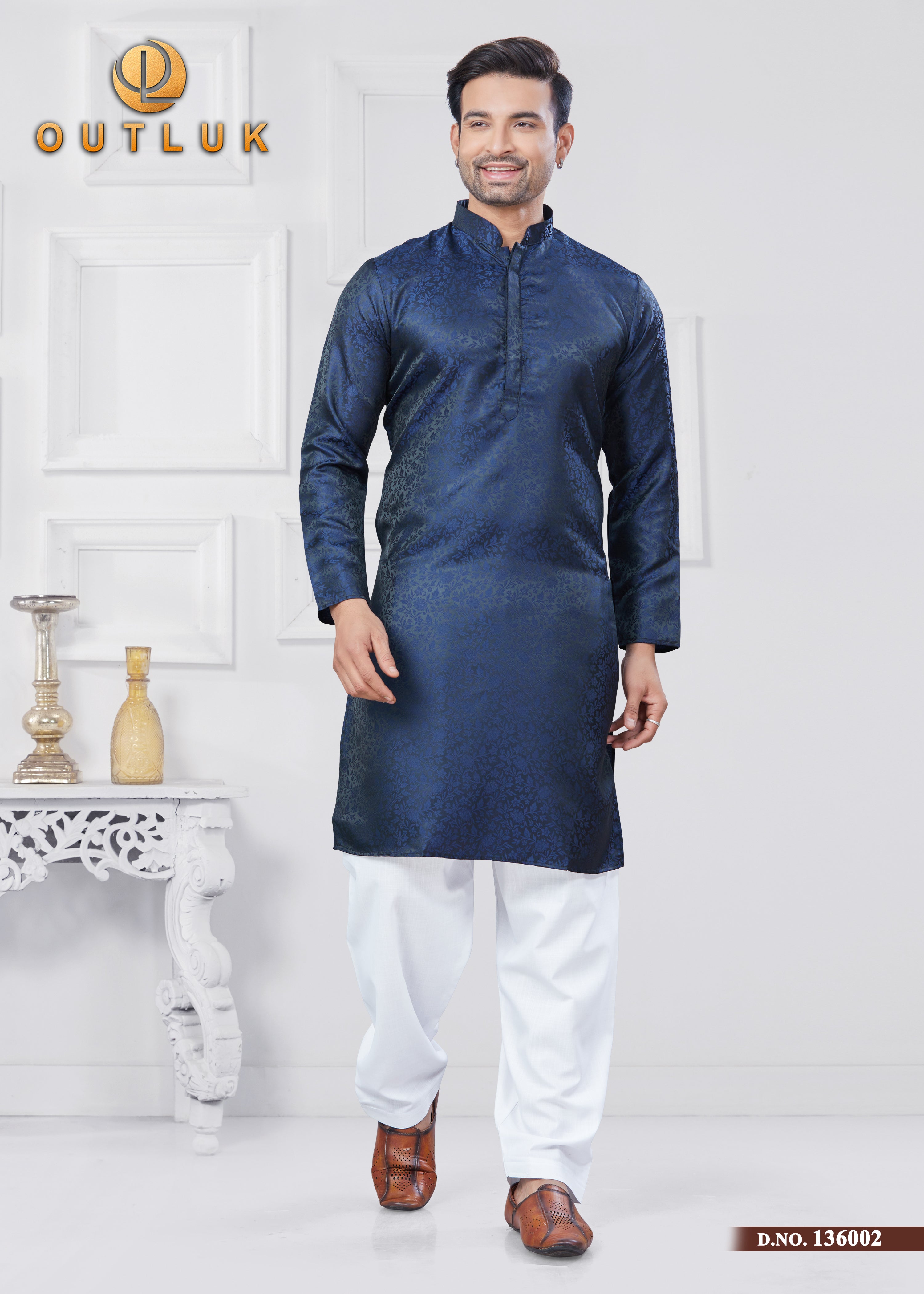 Navy Blue Jecquard Silk Mens Kurta Pajama 136002