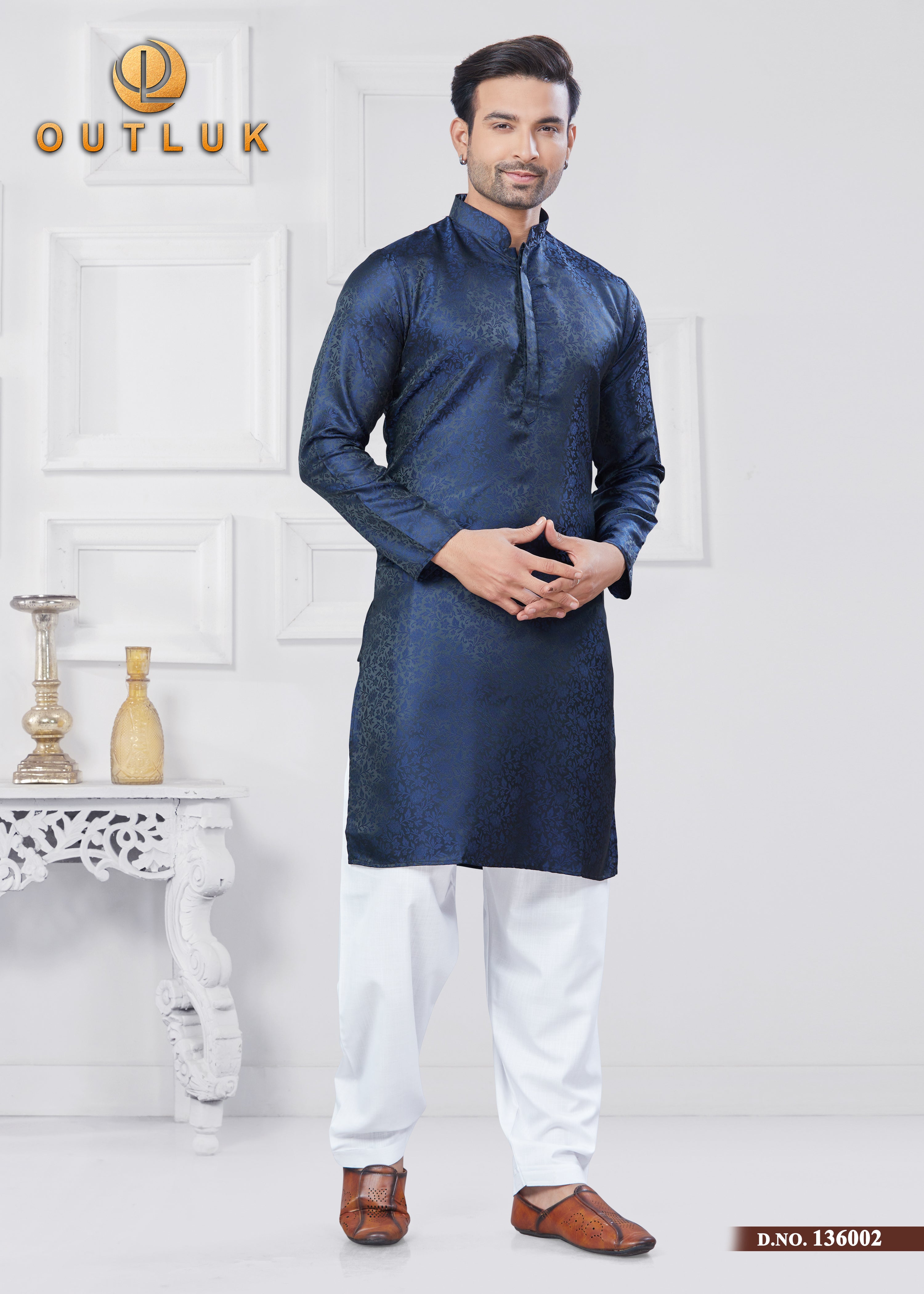 Navy Blue Jecquard Silk Mens Kurta Pajama 136002