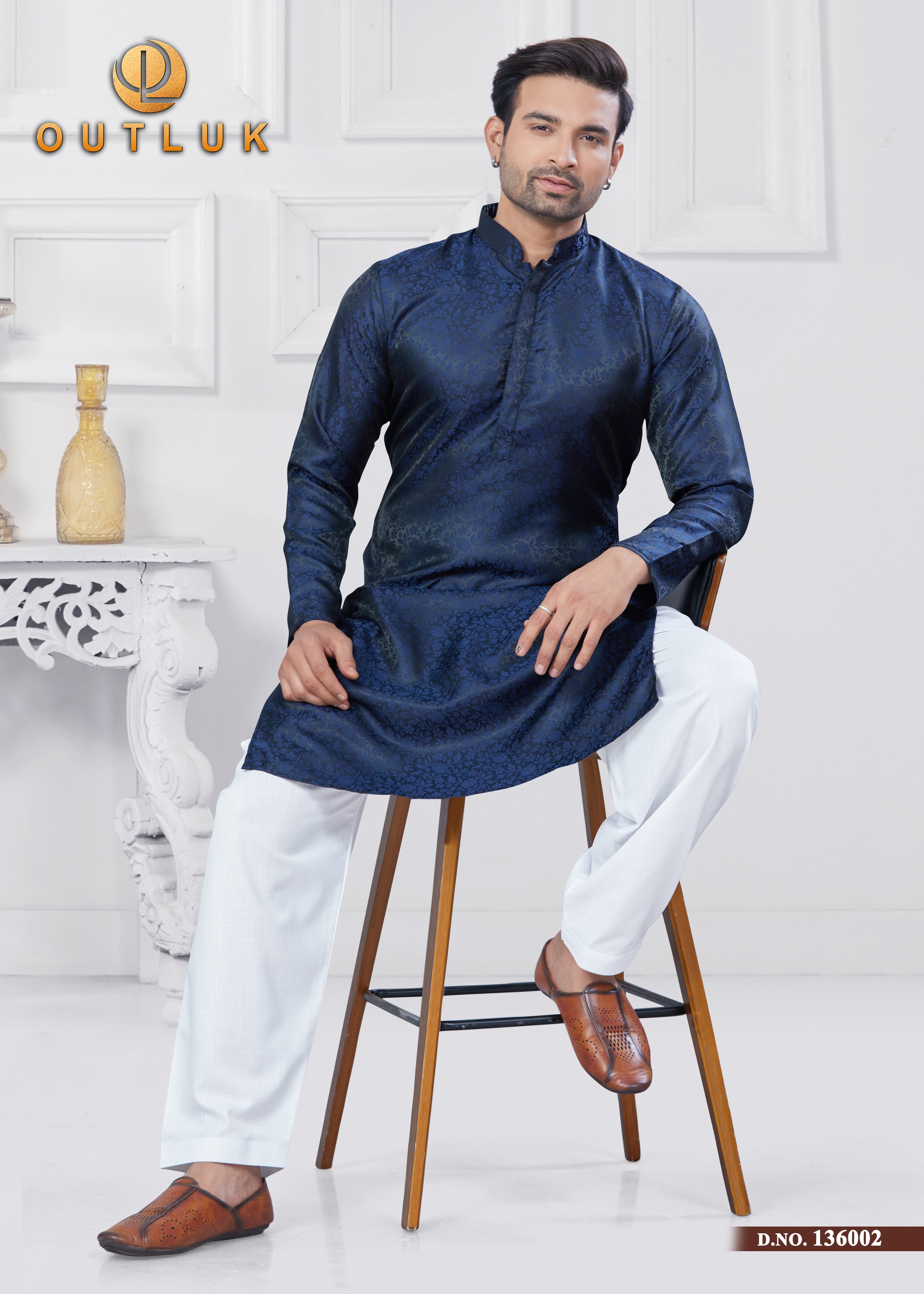 Navy Blue Jecquard Silk Mens Kurta Pajama 136002