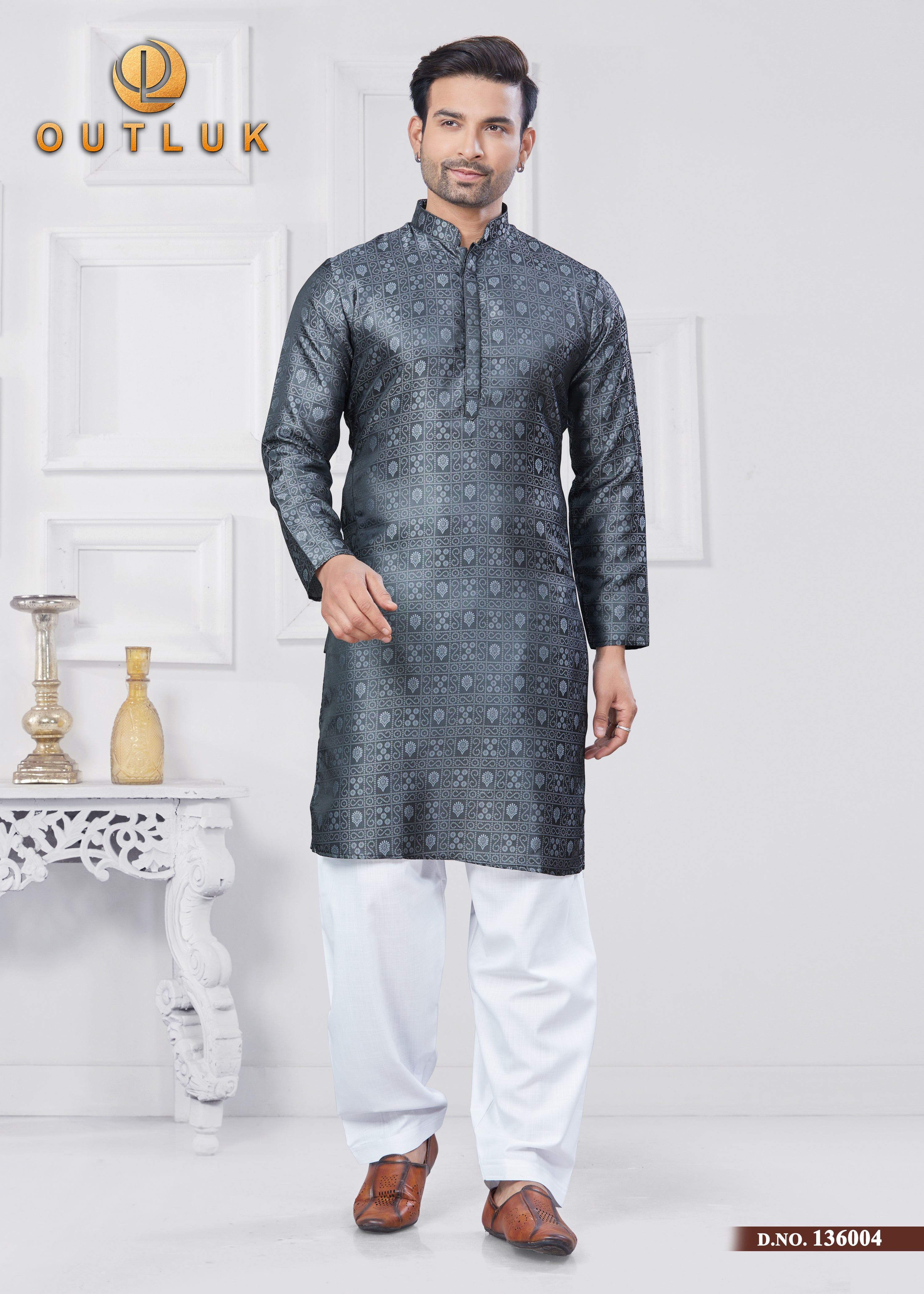 Grey Jecquard Silk Mens Kurta Pajama 136004