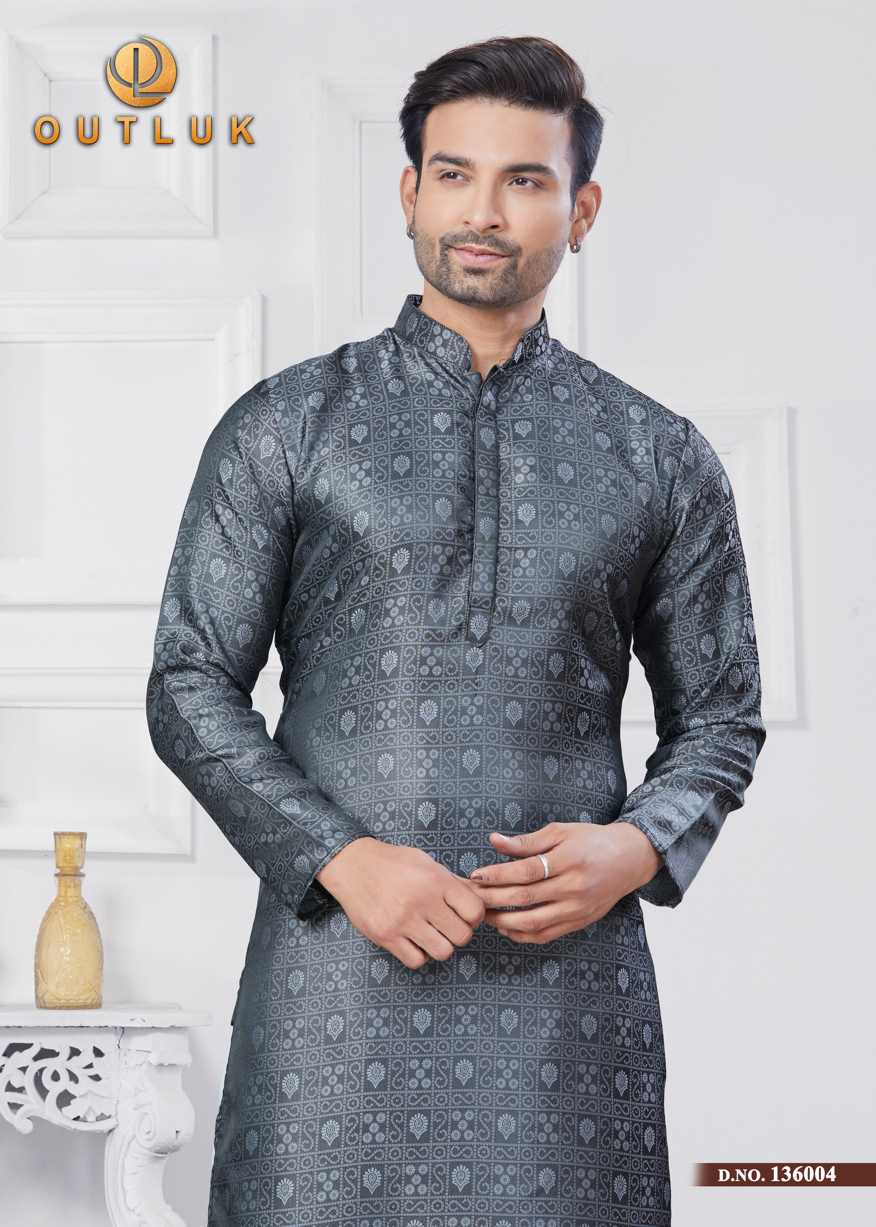 Grey Jecquard Silk Mens Kurta Pajama 136004