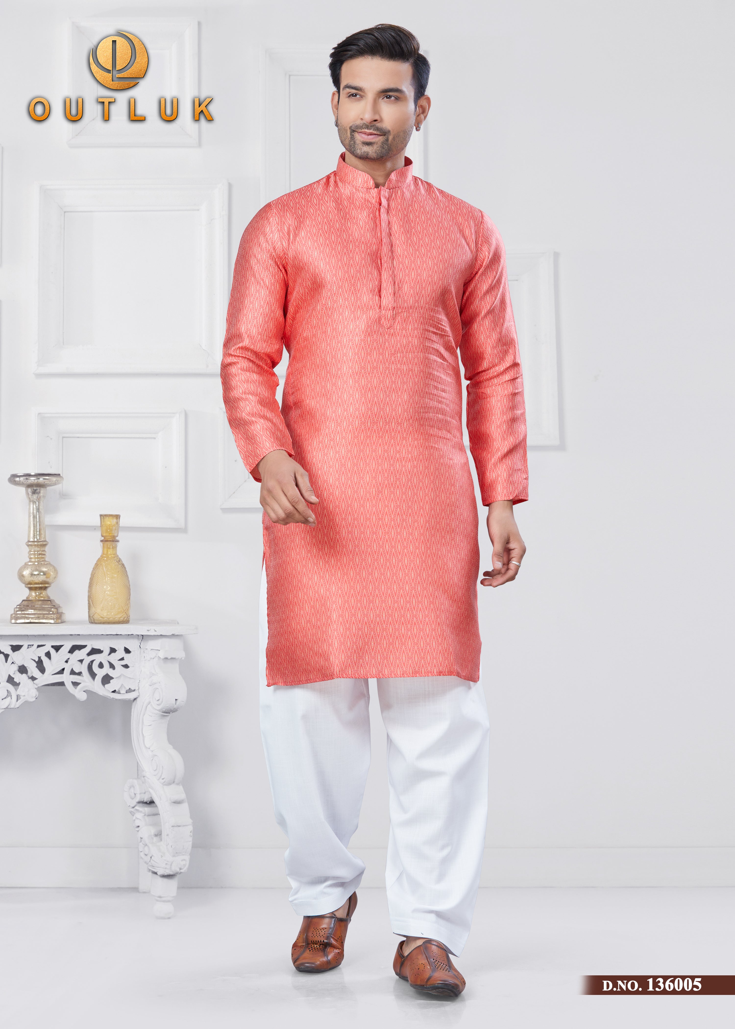 Pink Jecquard Silk Mens Kurta Pajama 136005