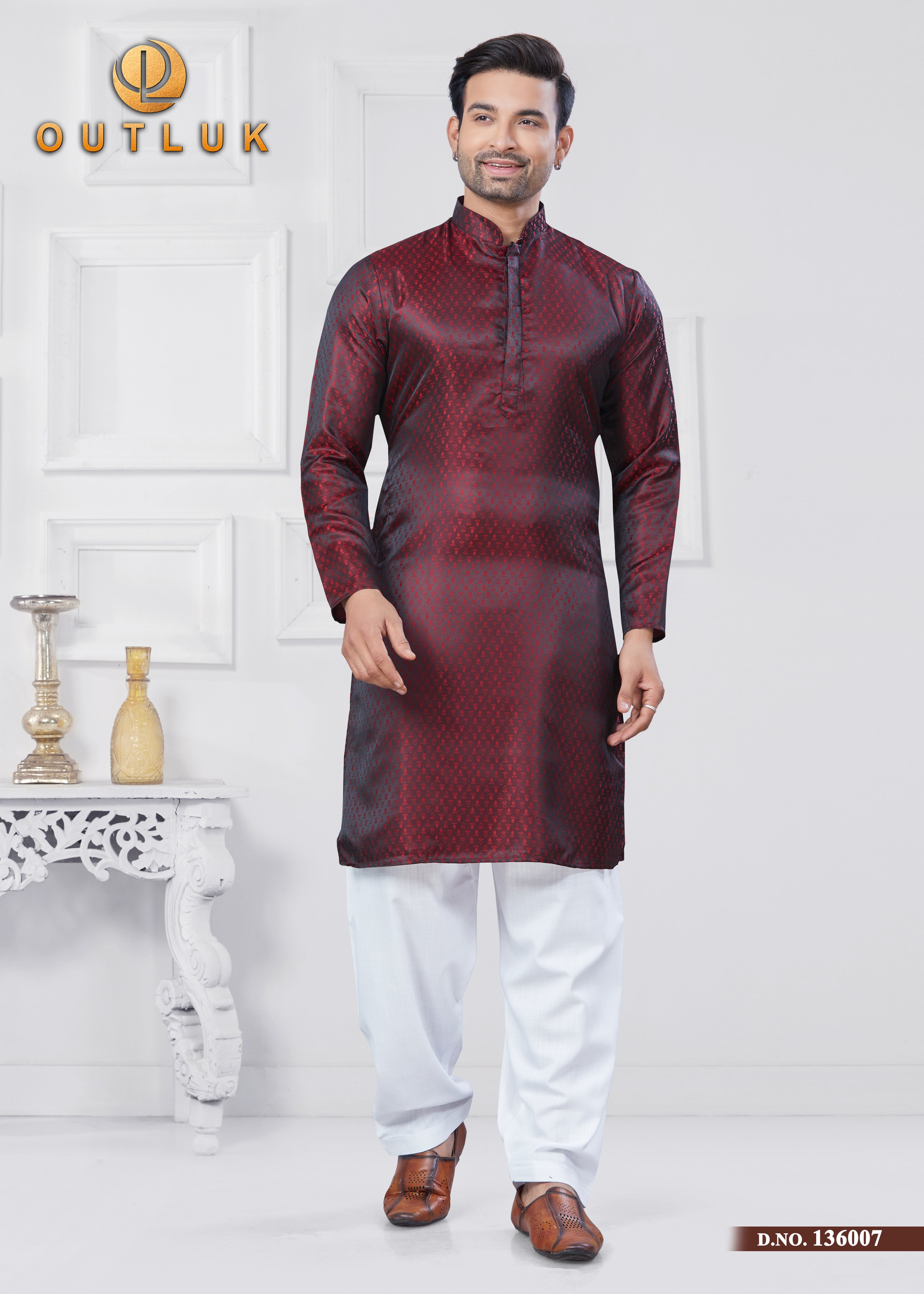 Maroon Jecquard Silk Mens Kurta Pajama 136007