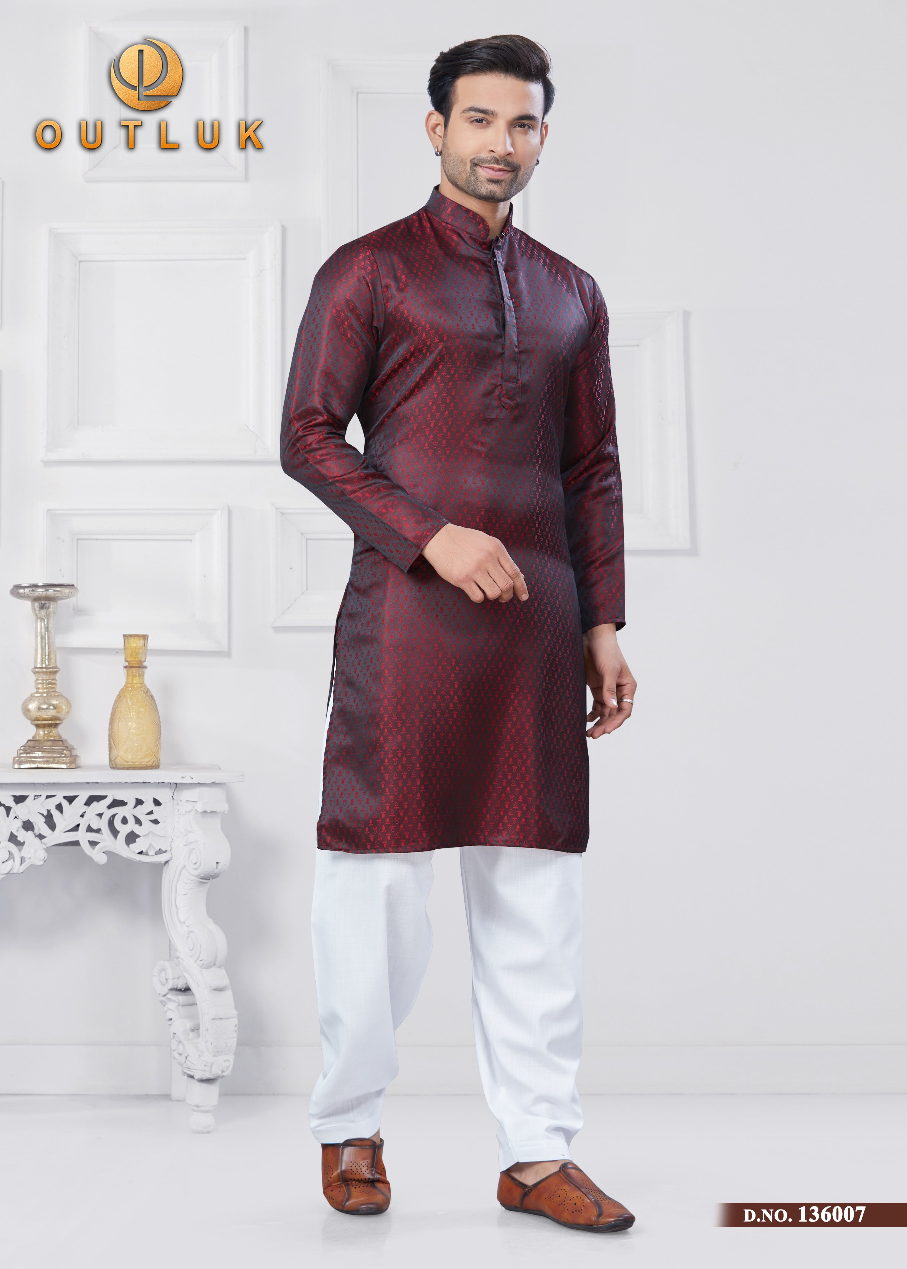 Maroon Jecquard Silk Mens Kurta Pajama 136007