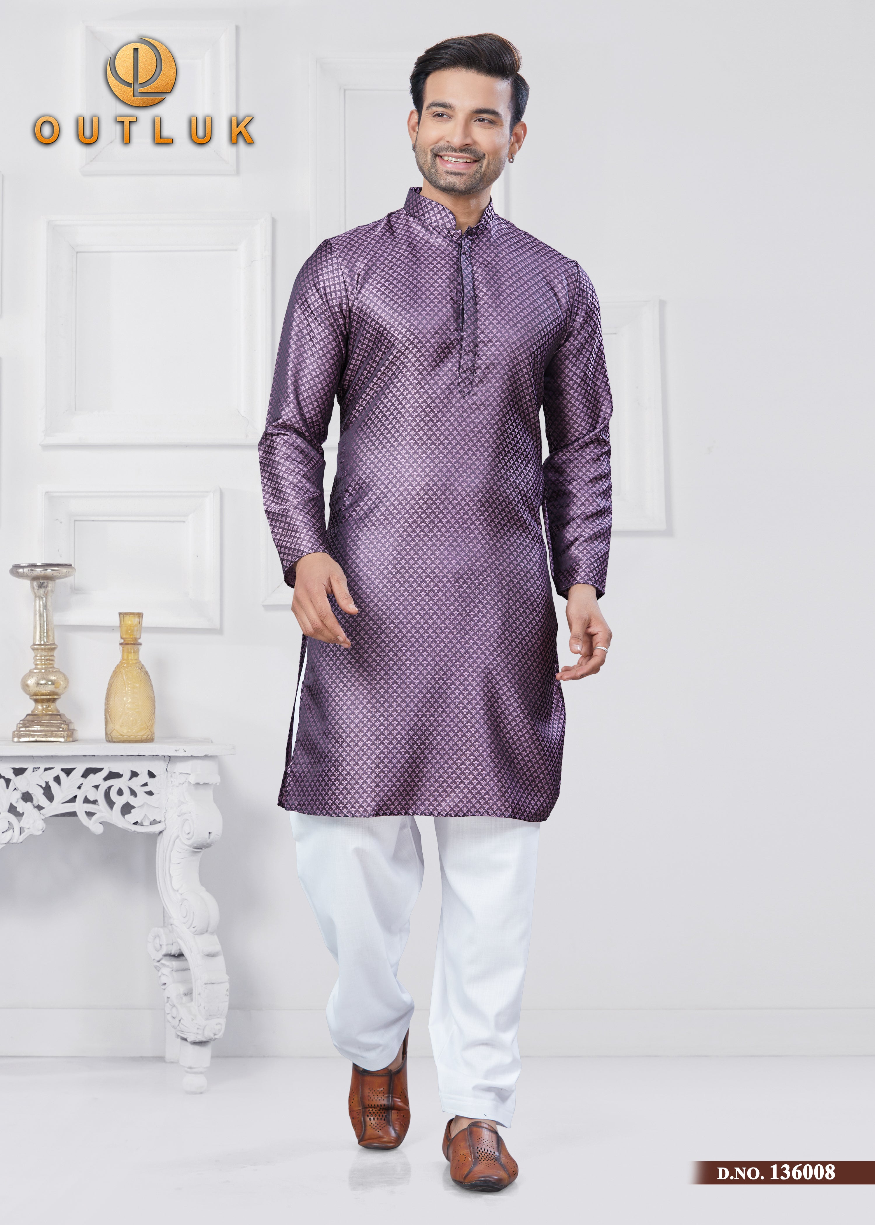 Purple Jecquard Silk Mens Kurta Pajama 136008
