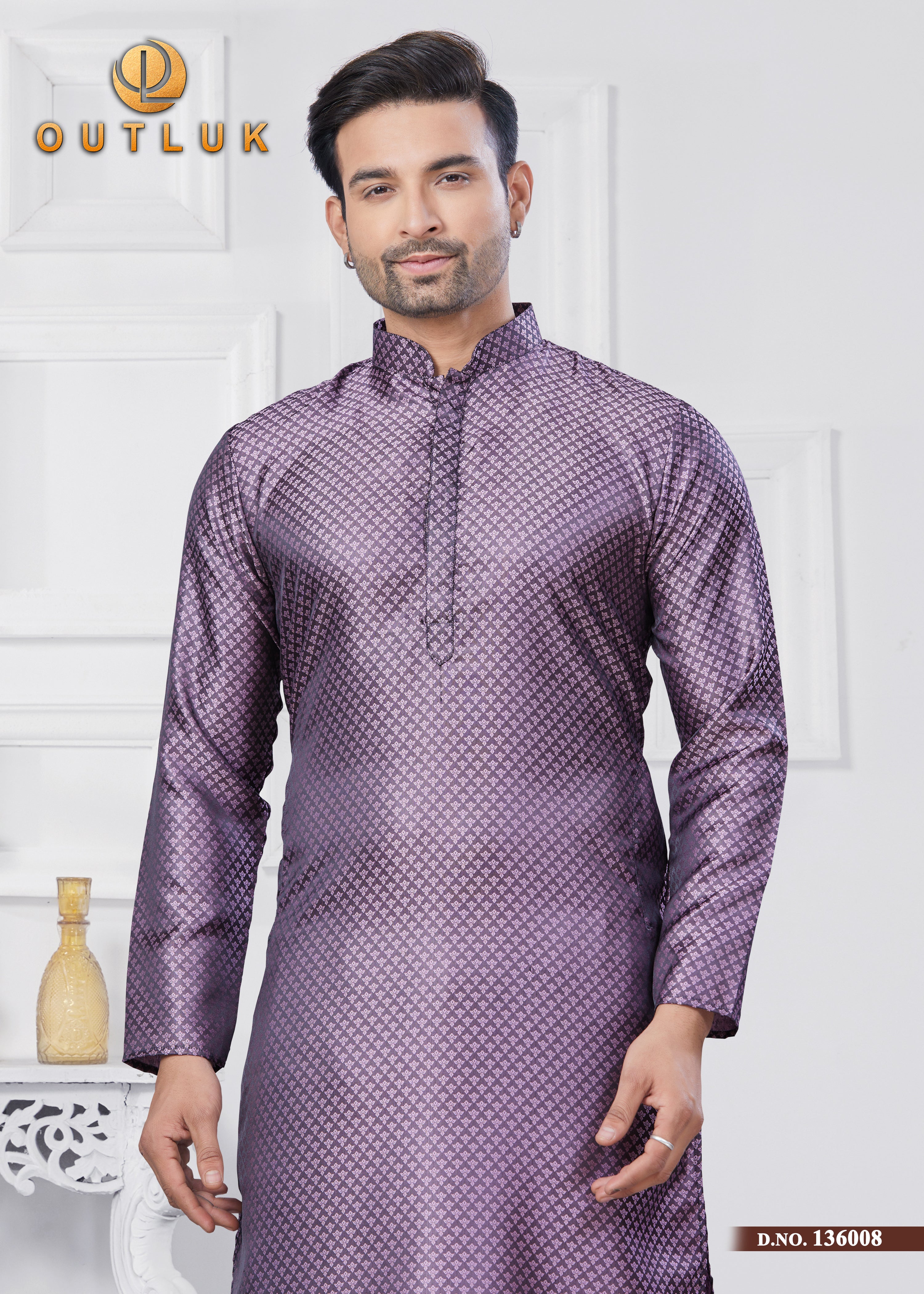 Purple Jecquard Silk Mens Kurta Pajama 136008