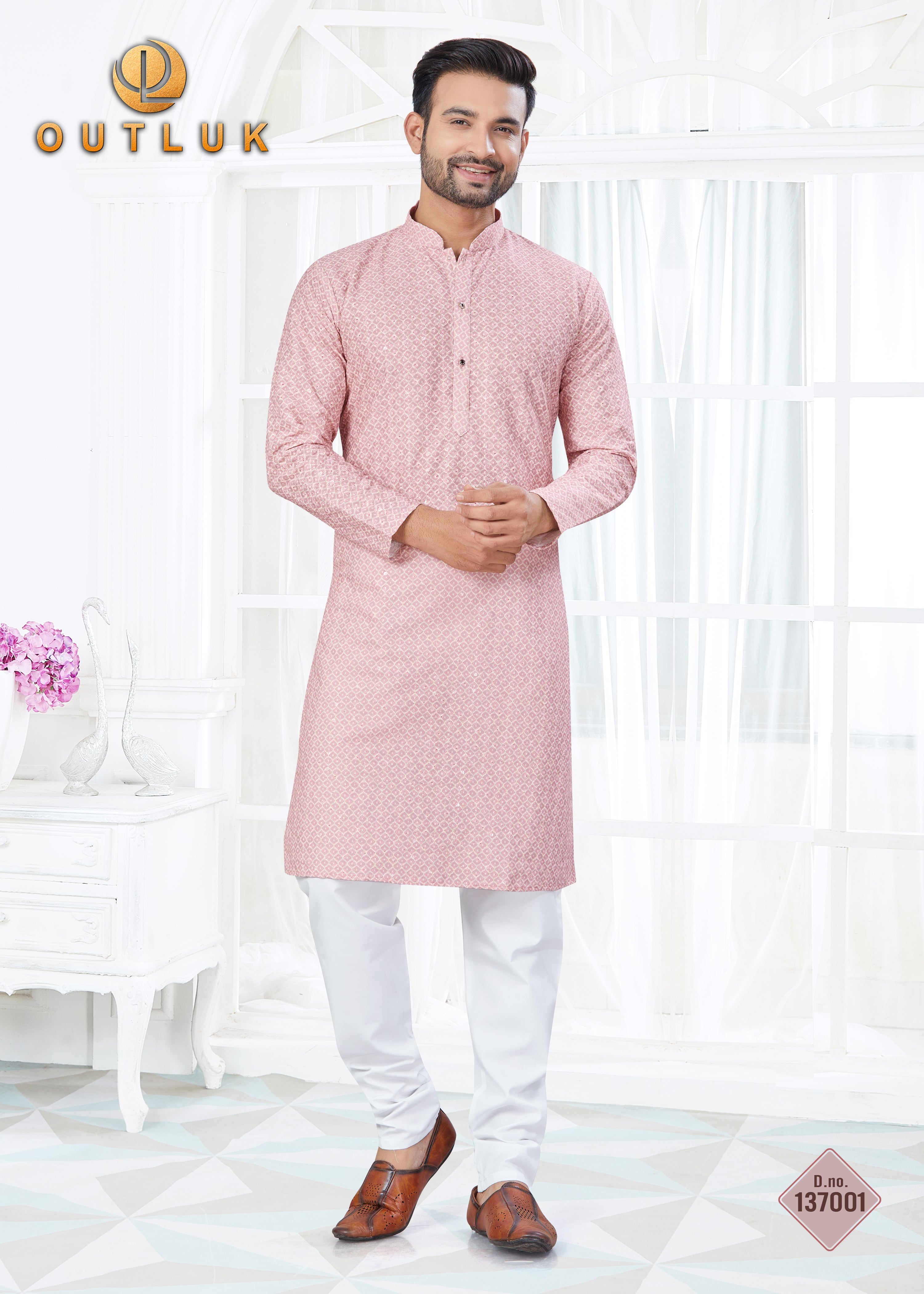 Pink Cotton With Lucknowi Work Mens Kurta Pajama 137001