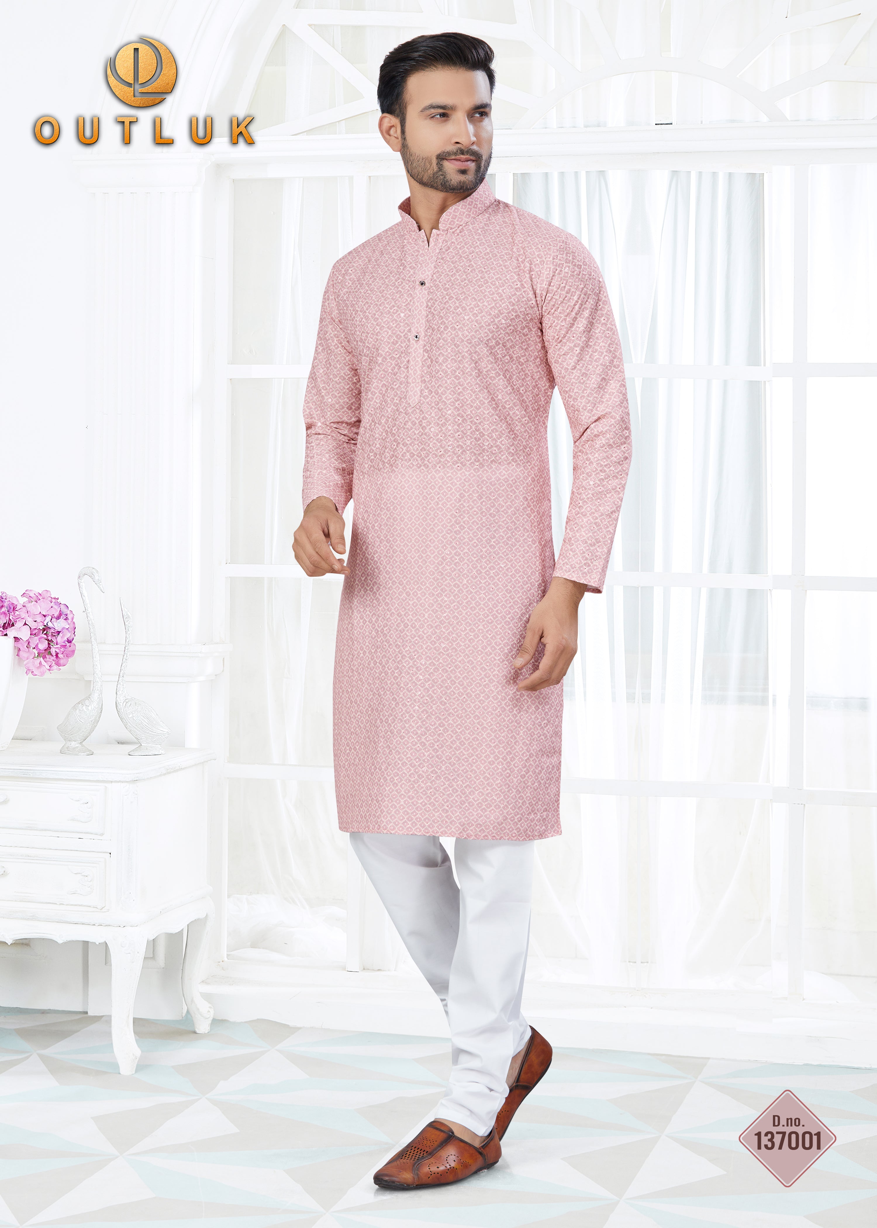 Pink Cotton With Lucknowi Work Mens Kurta Pajama 137001
