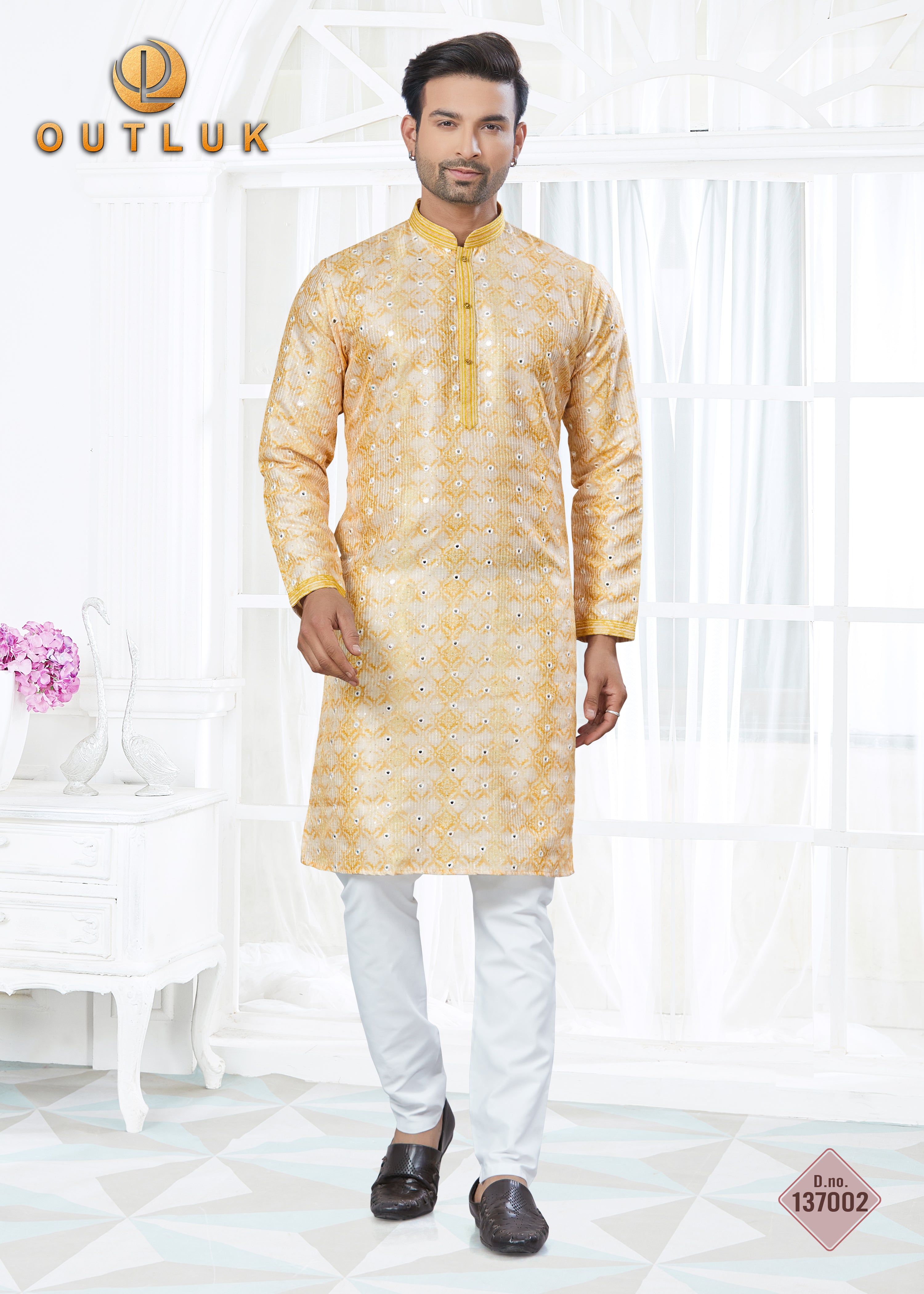 Yellow Silk with Mirror Work Mens Kurta Pajama 137002
