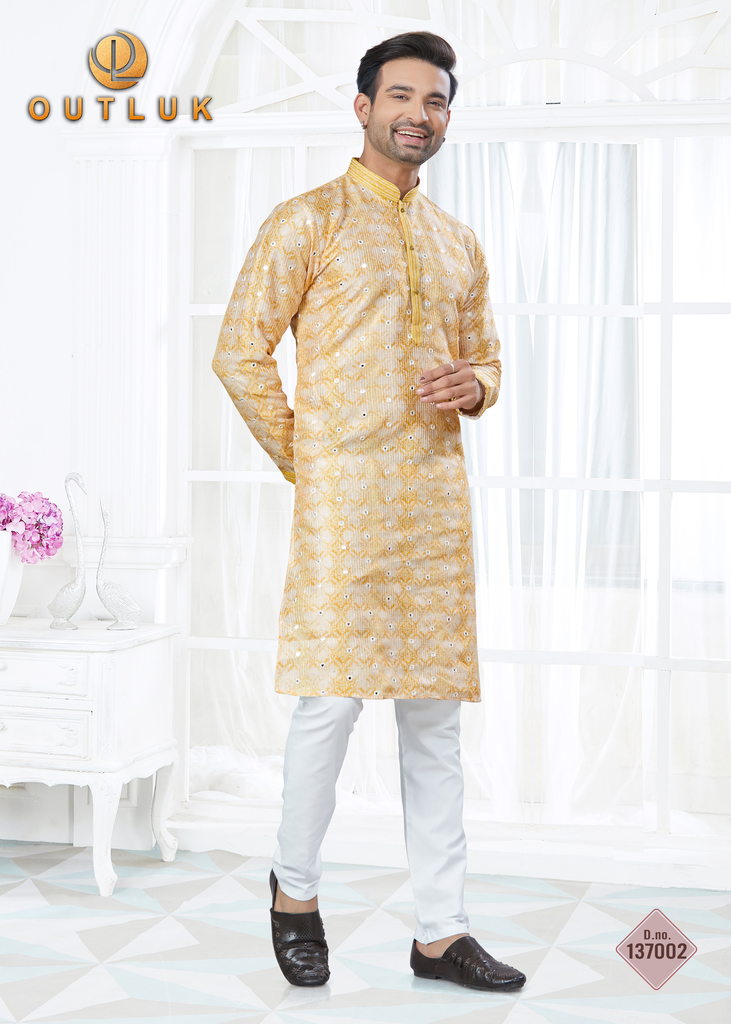Yellow Silk with Mirror Work Mens Kurta Pajama 137002