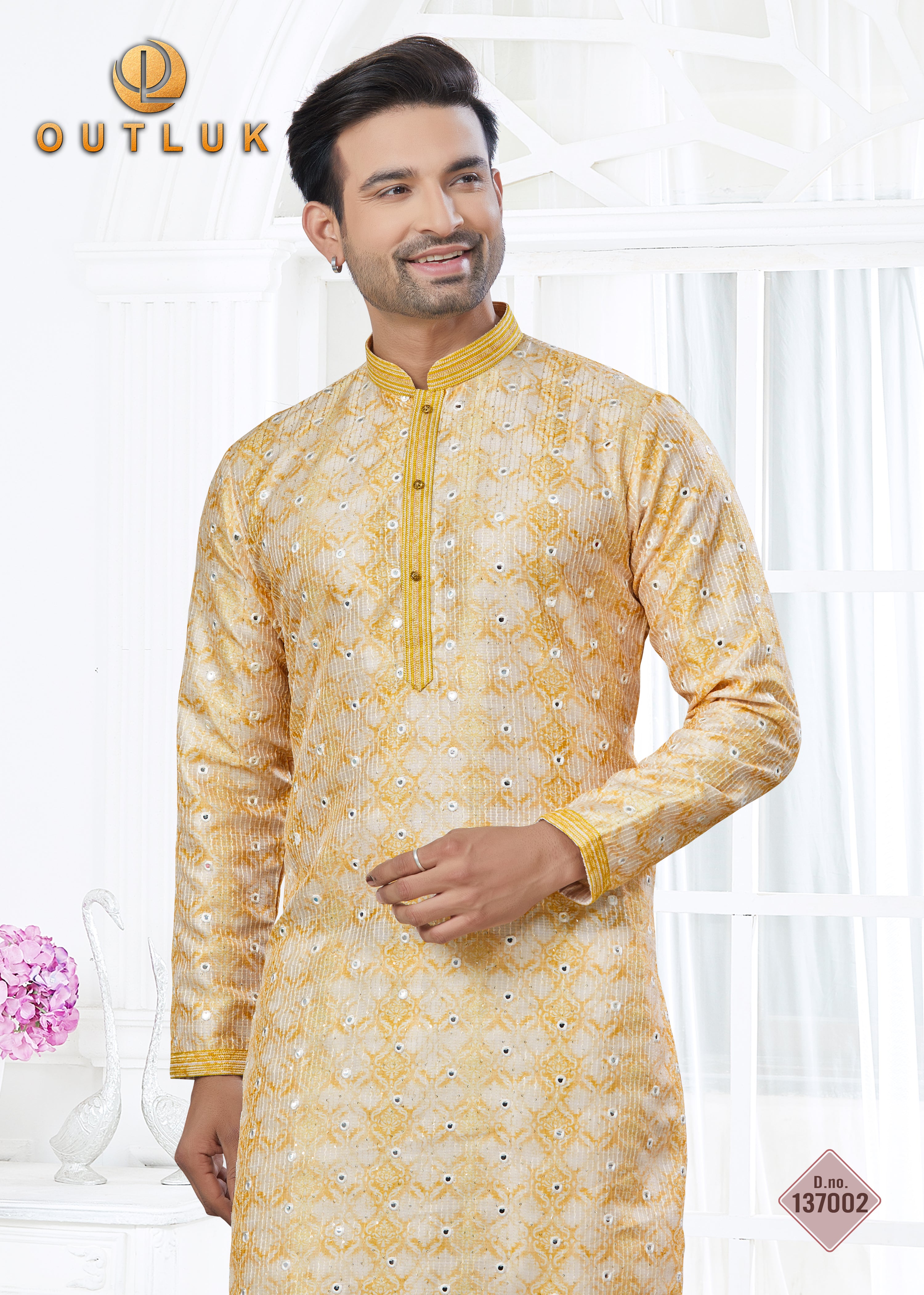 Yellow Silk with Mirror Work Mens Kurta Pajama 137002