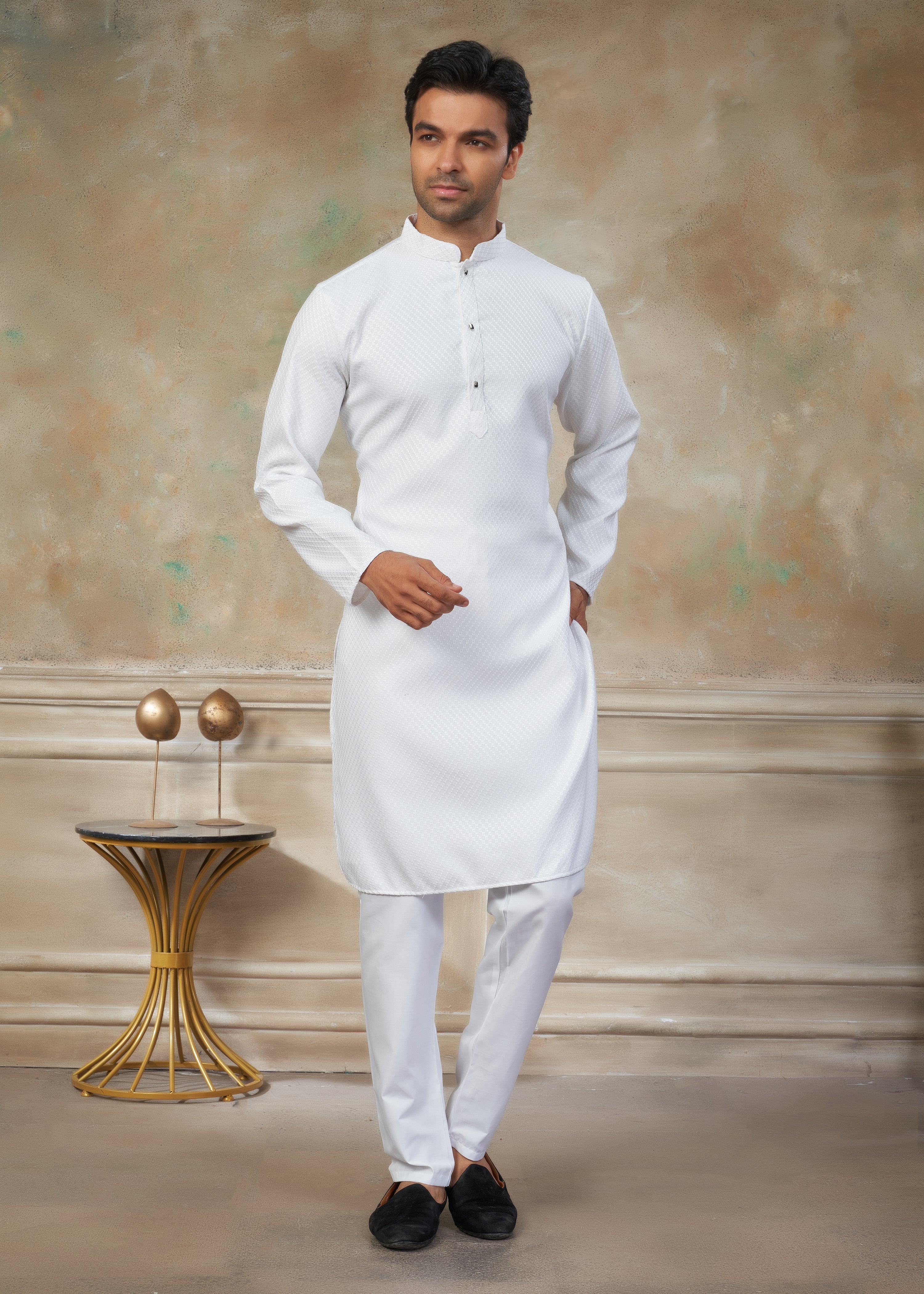 white color Rayon Cotton kurta pajama menswear 138003
