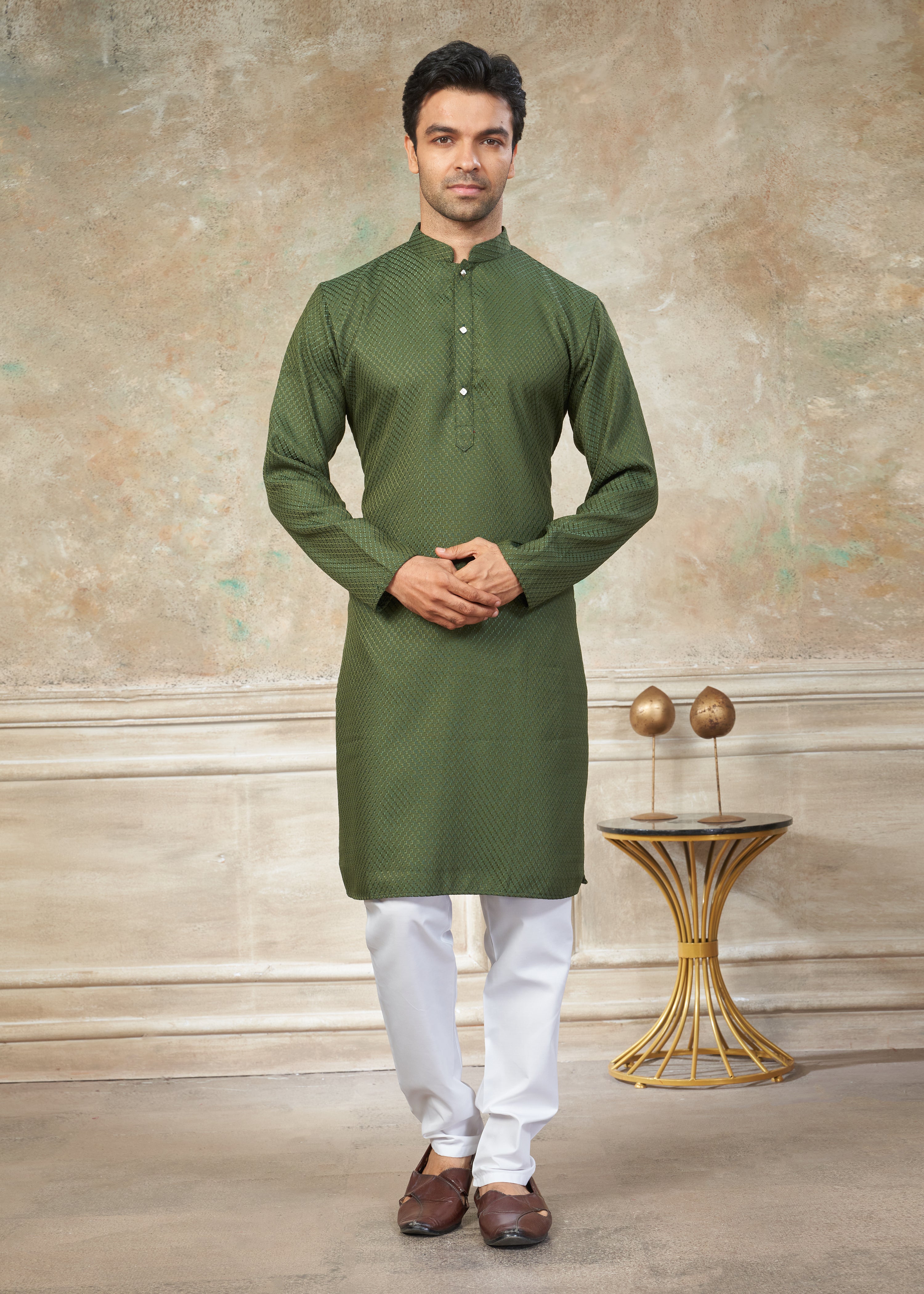 mehendi color Rayon Cotton kurta pajama menswear 138005