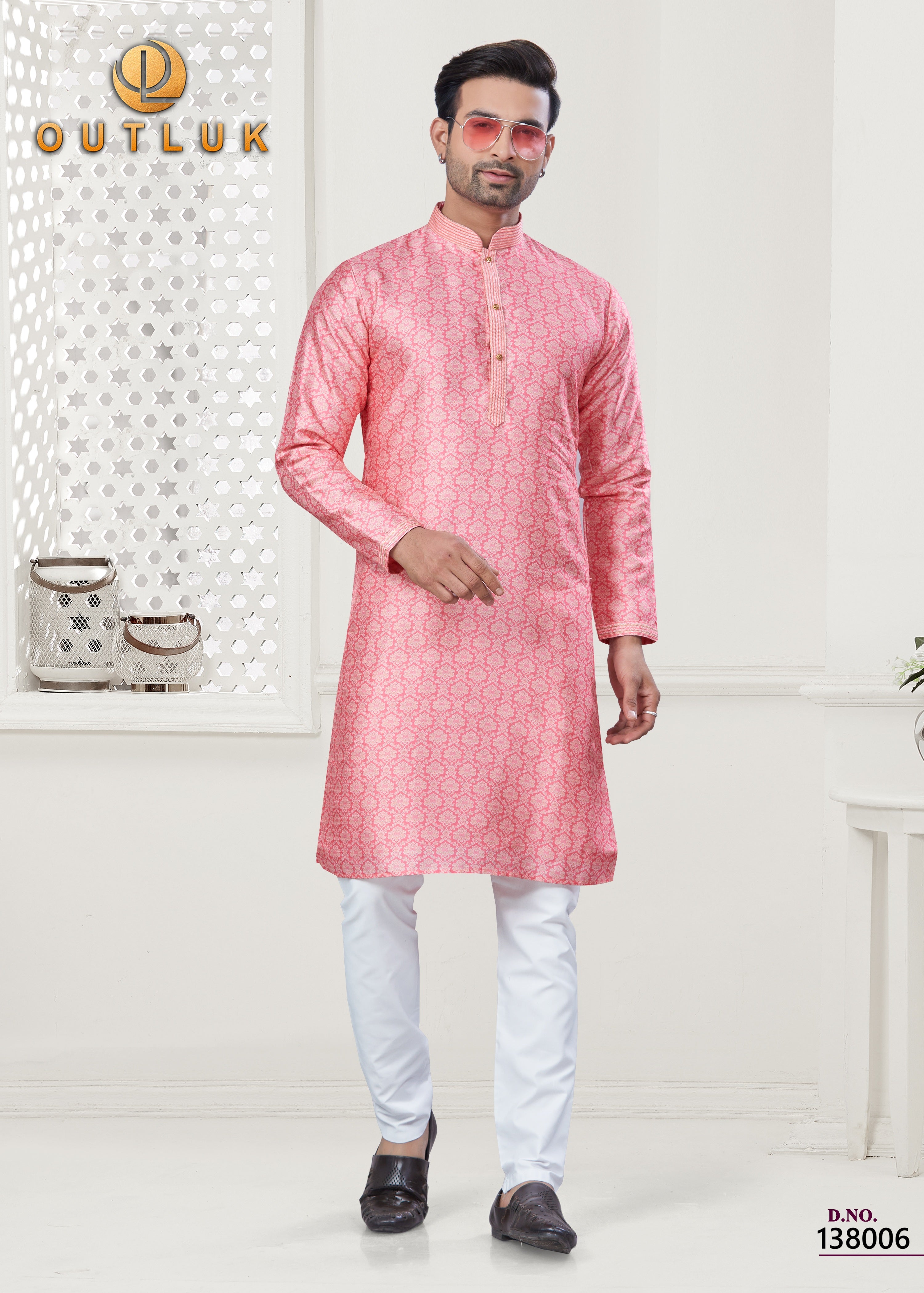 Pink Silk Mens Kurta Pajama 138006