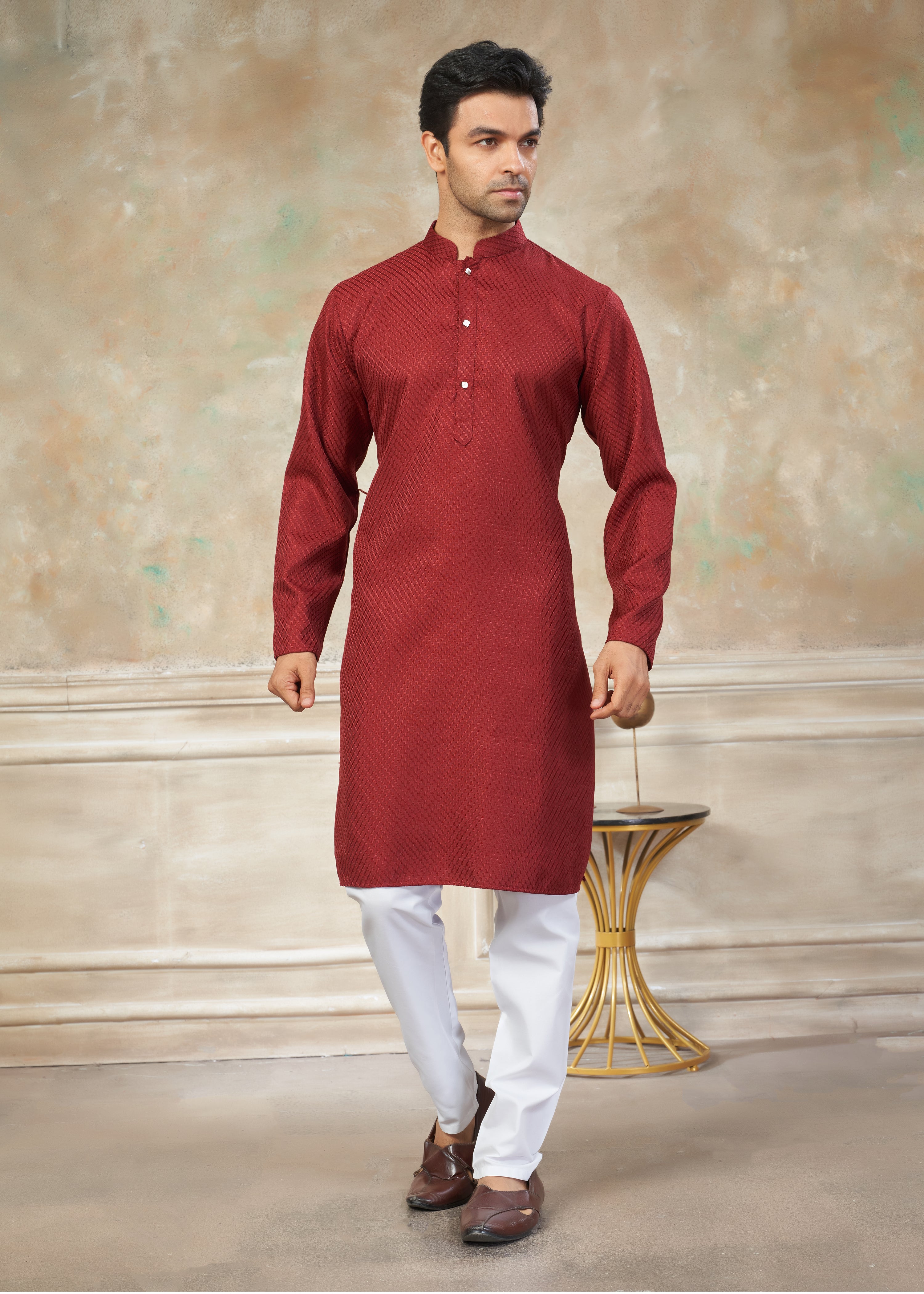 Red color Rayon Cotton kurta pajama menswear 138006