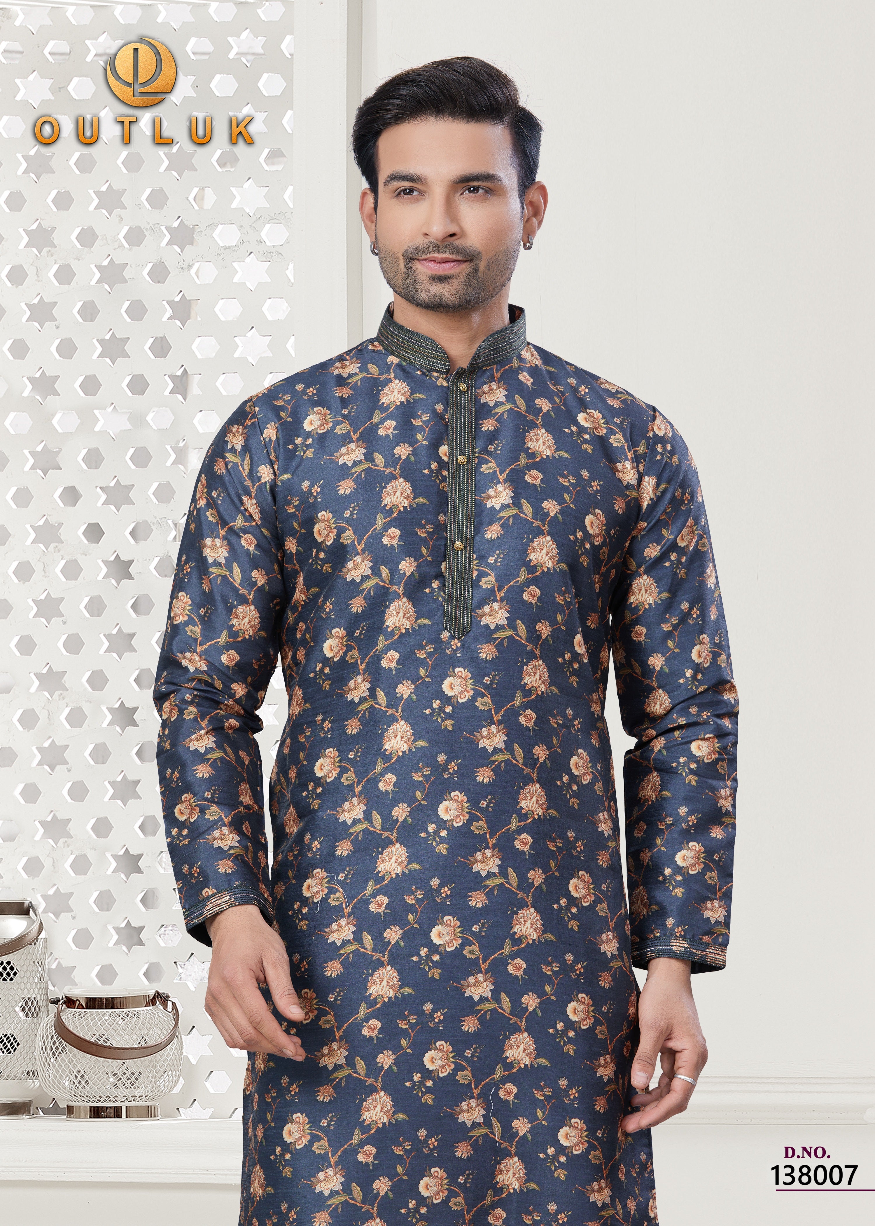 Dark Blue Silk Mens Kurta Pajama 138007