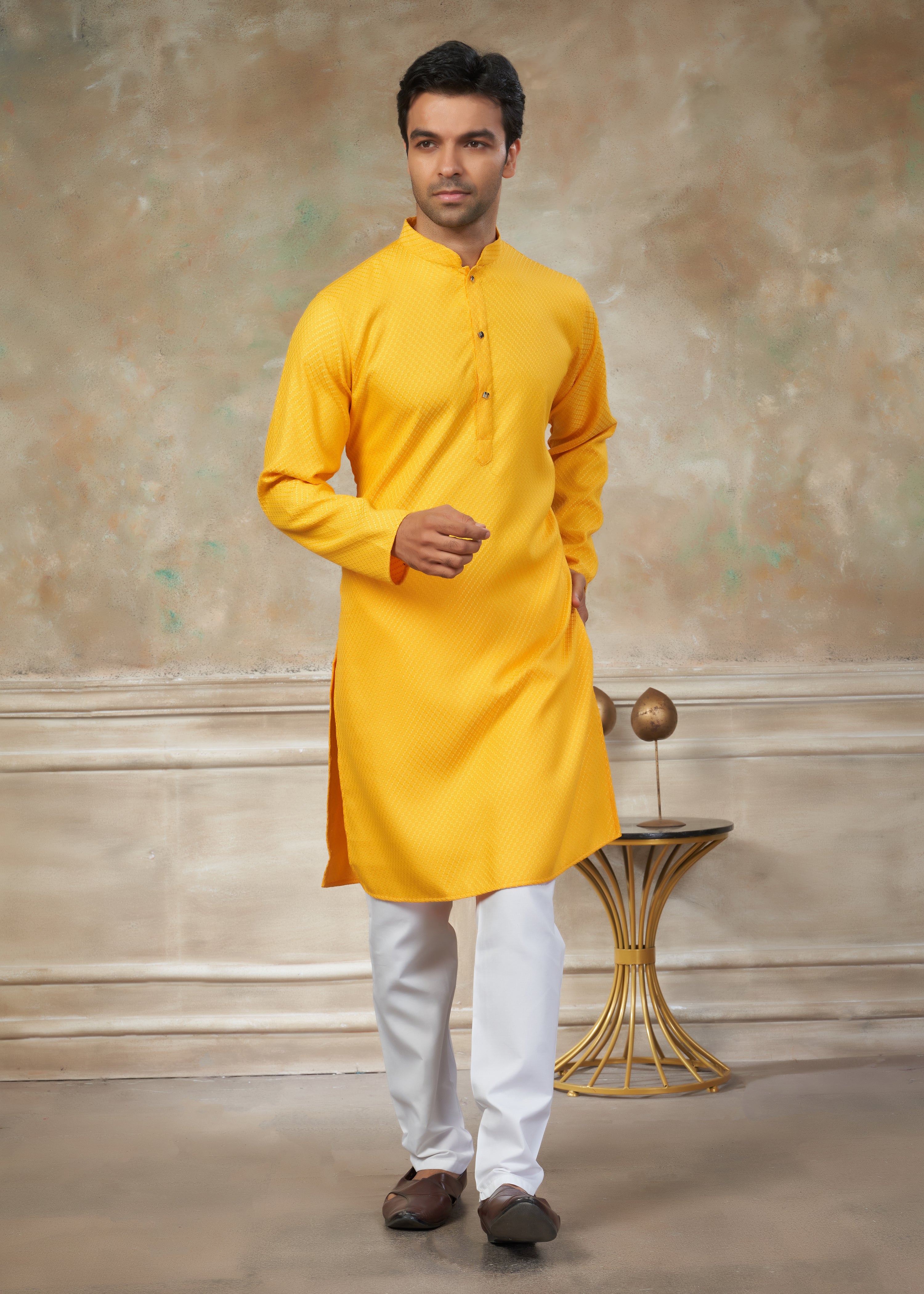 yellow color Rayon Cotton kurta pajama menswear 138007
