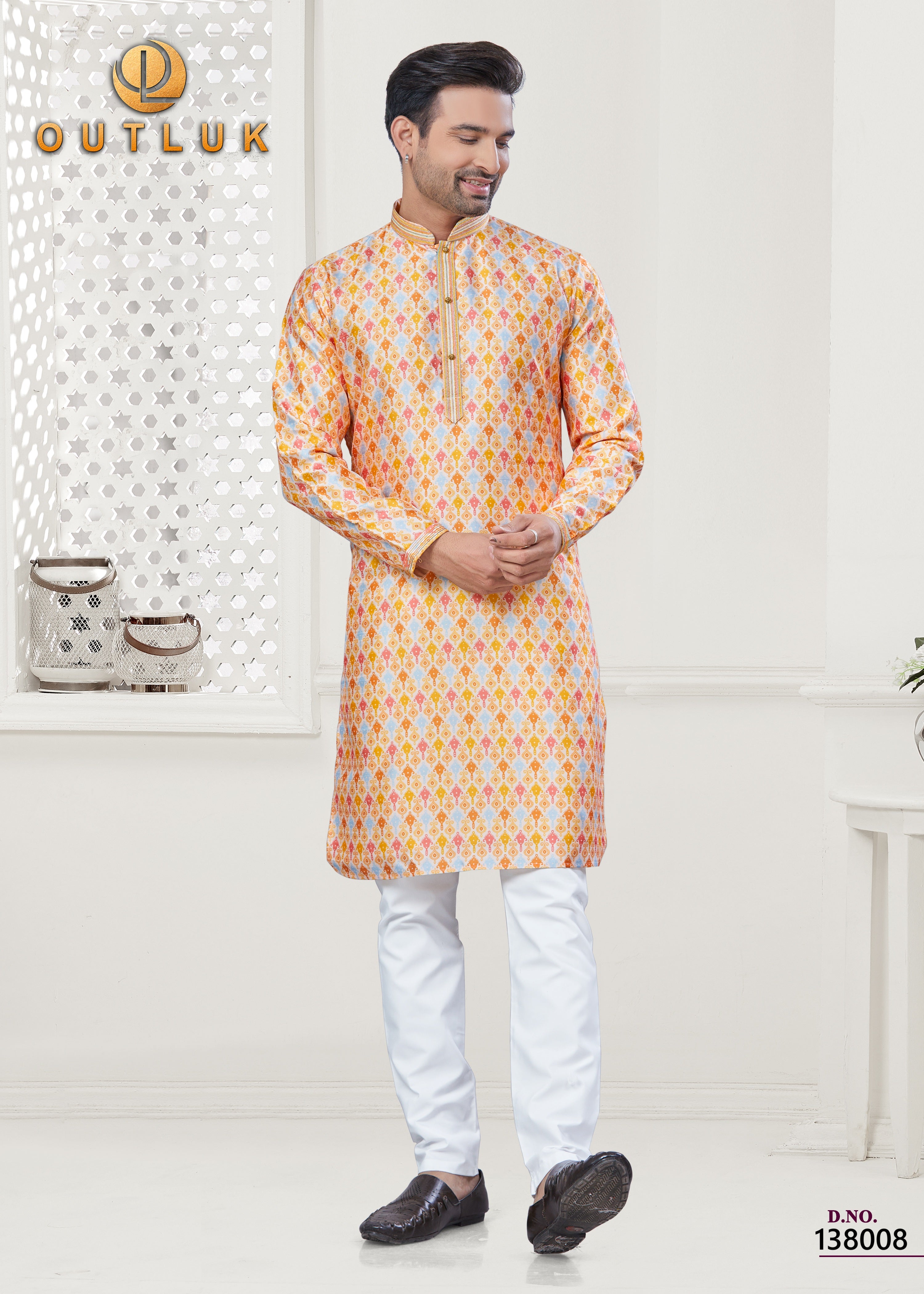 Yellow Silk Mens Kurta Pajama 138008