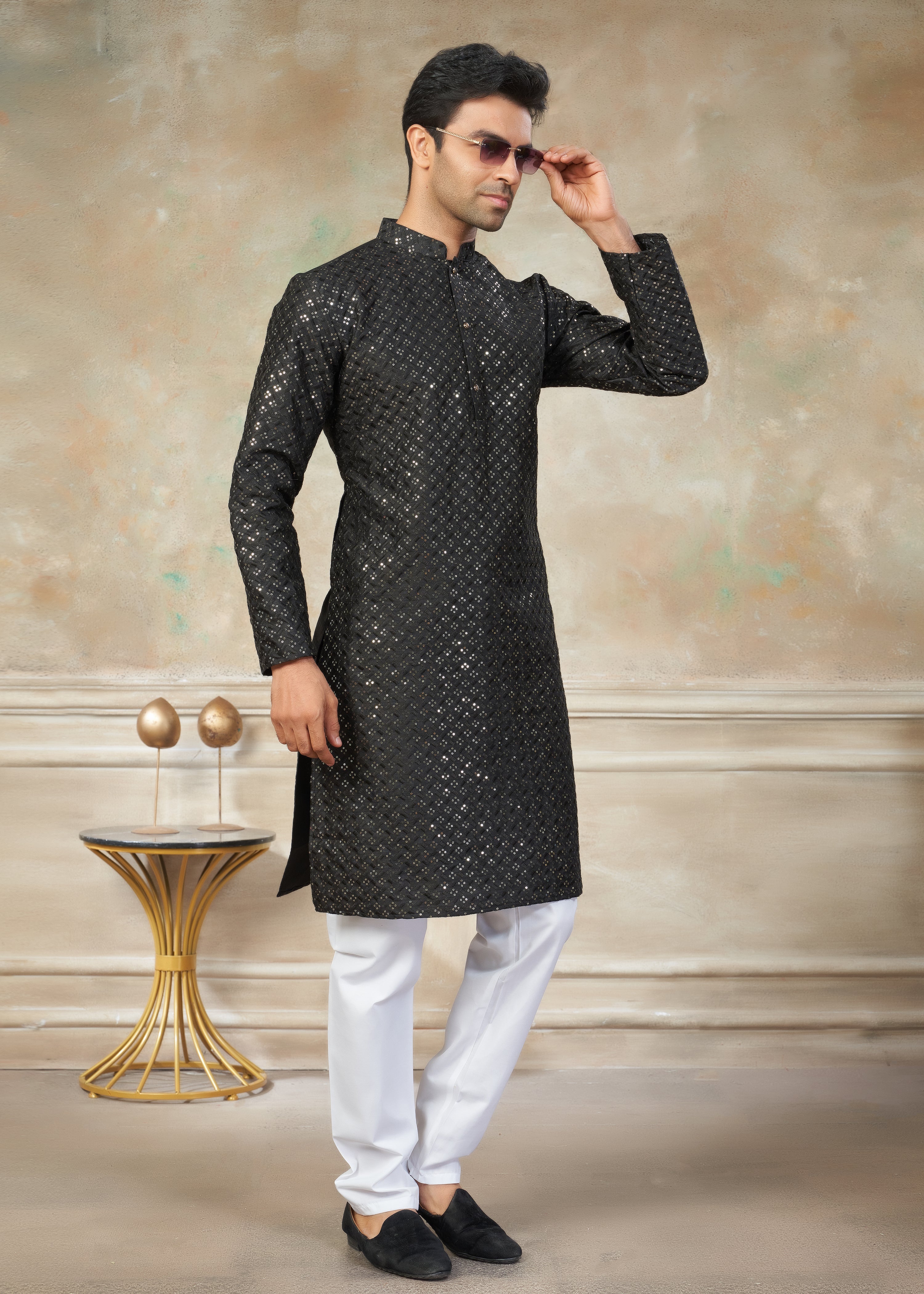 Black Color Rayon Cotton with sequence embroidery work menswear kurta pajama 139001