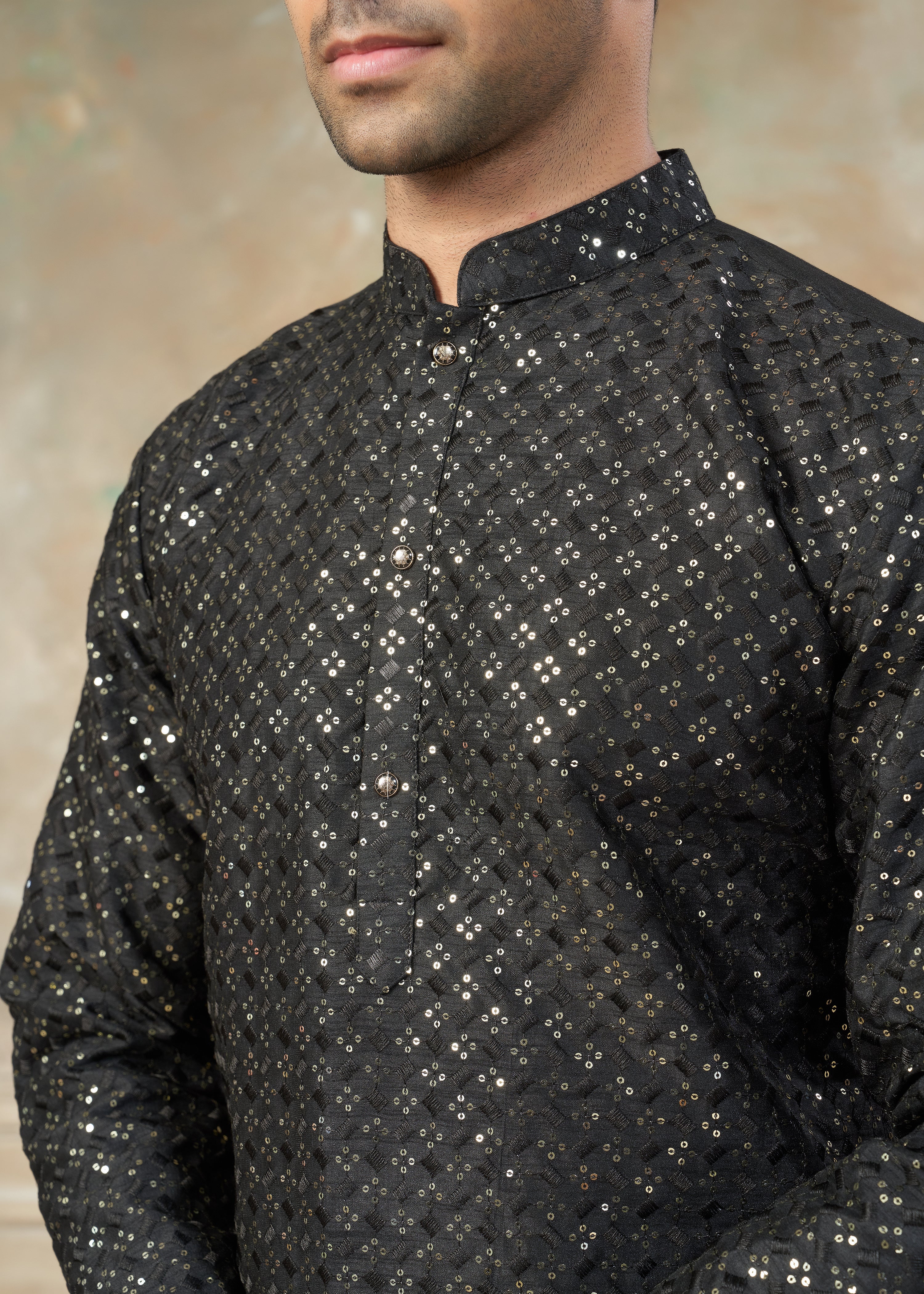Black Color Rayon Cotton with sequence embroidery work menswear kurta pajama 139001