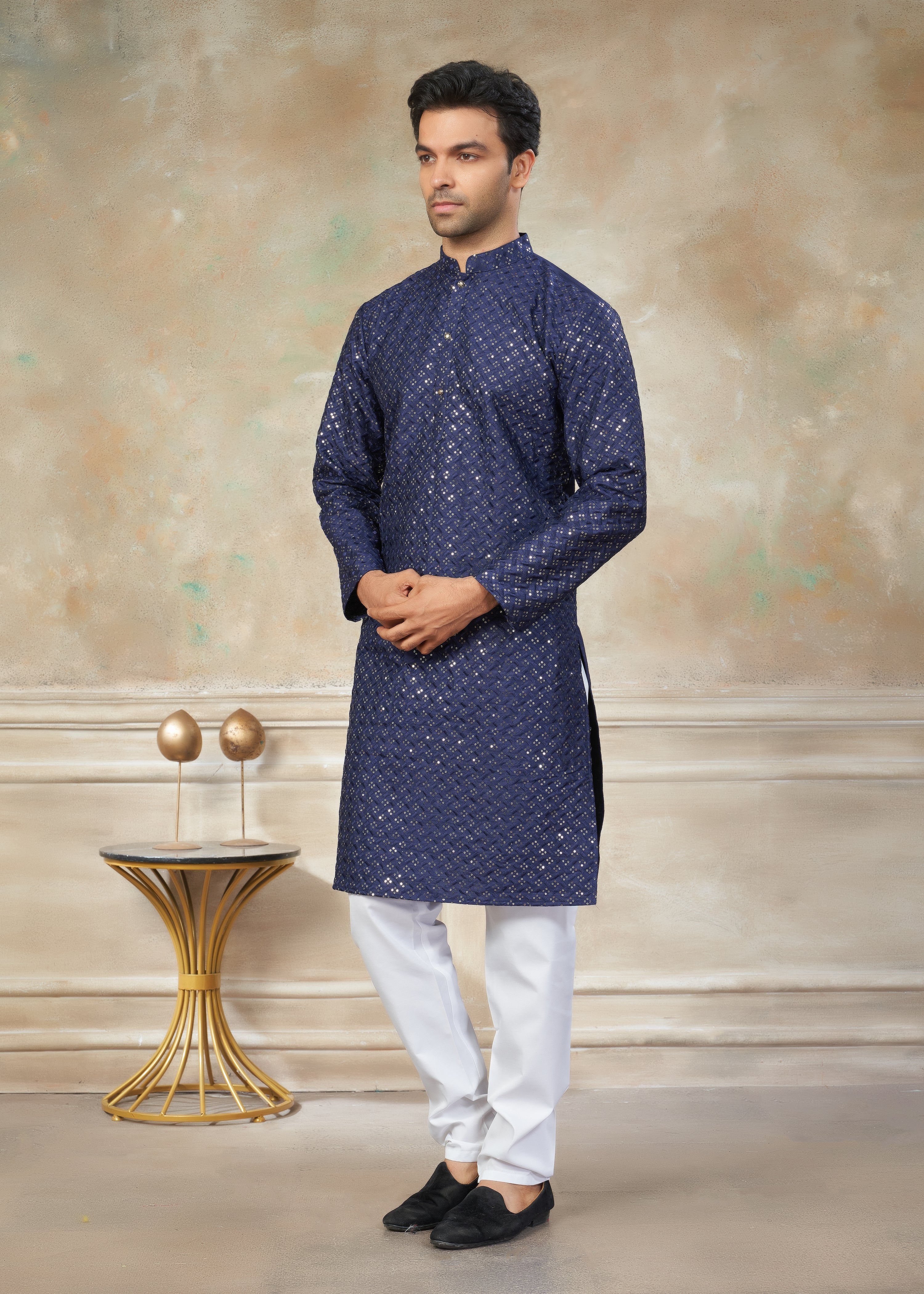 Navy Blue Color Rayon Cotton with sequence embroidery work menswear kurta pajama 139002