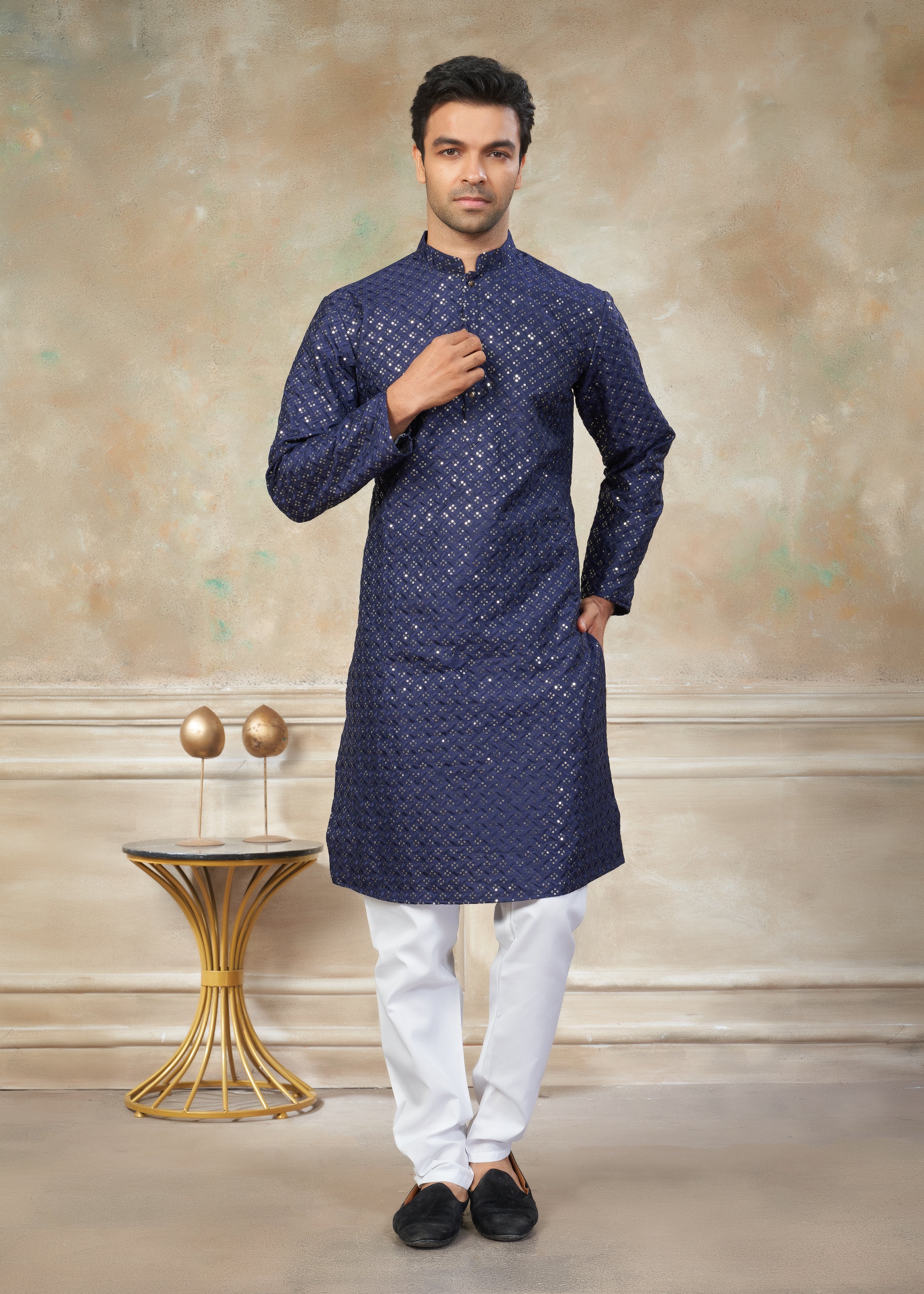 Navy Blue Color Rayon Cotton with sequence embroidery work menswear kurta pajama 139002