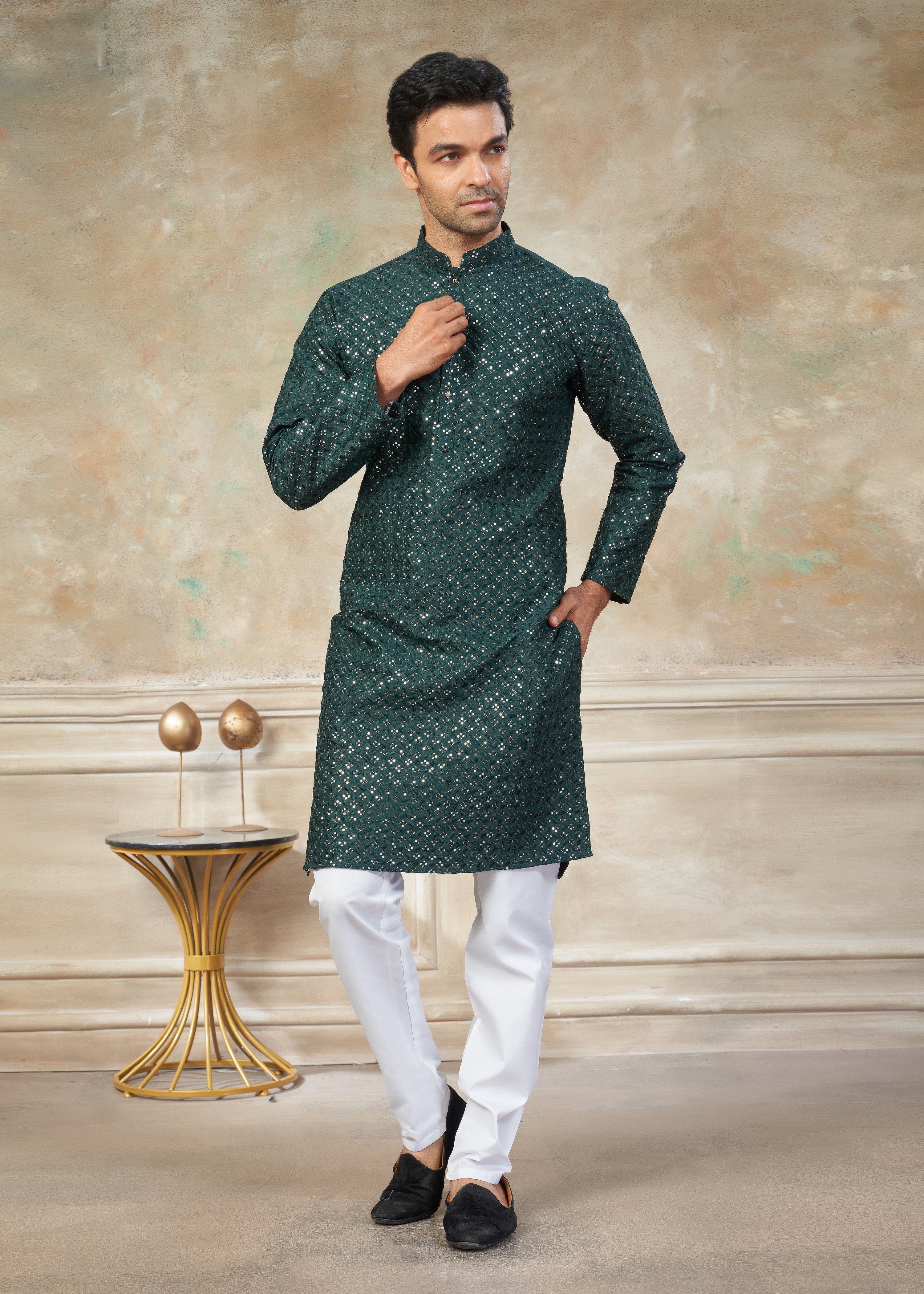 dark green Color Rayon Cotton with sequence embroidery work menswear kurta pajama 139003