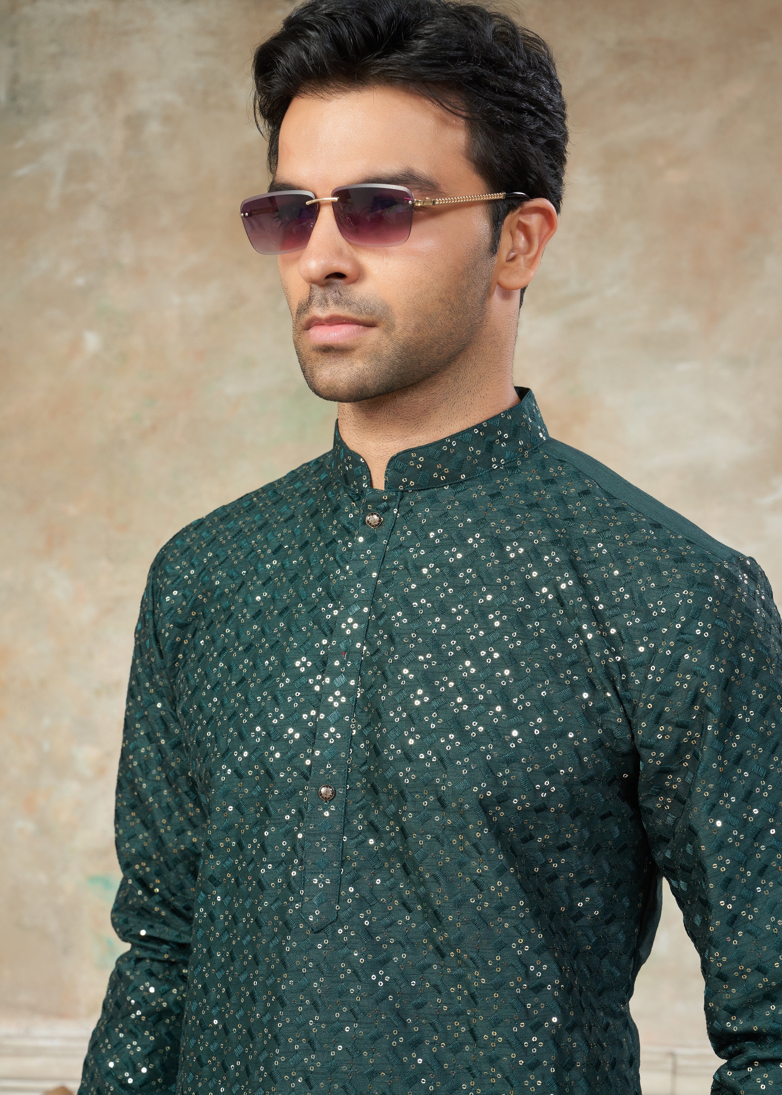 dark green Color Rayon Cotton with sequence embroidery work menswear kurta pajama 139003