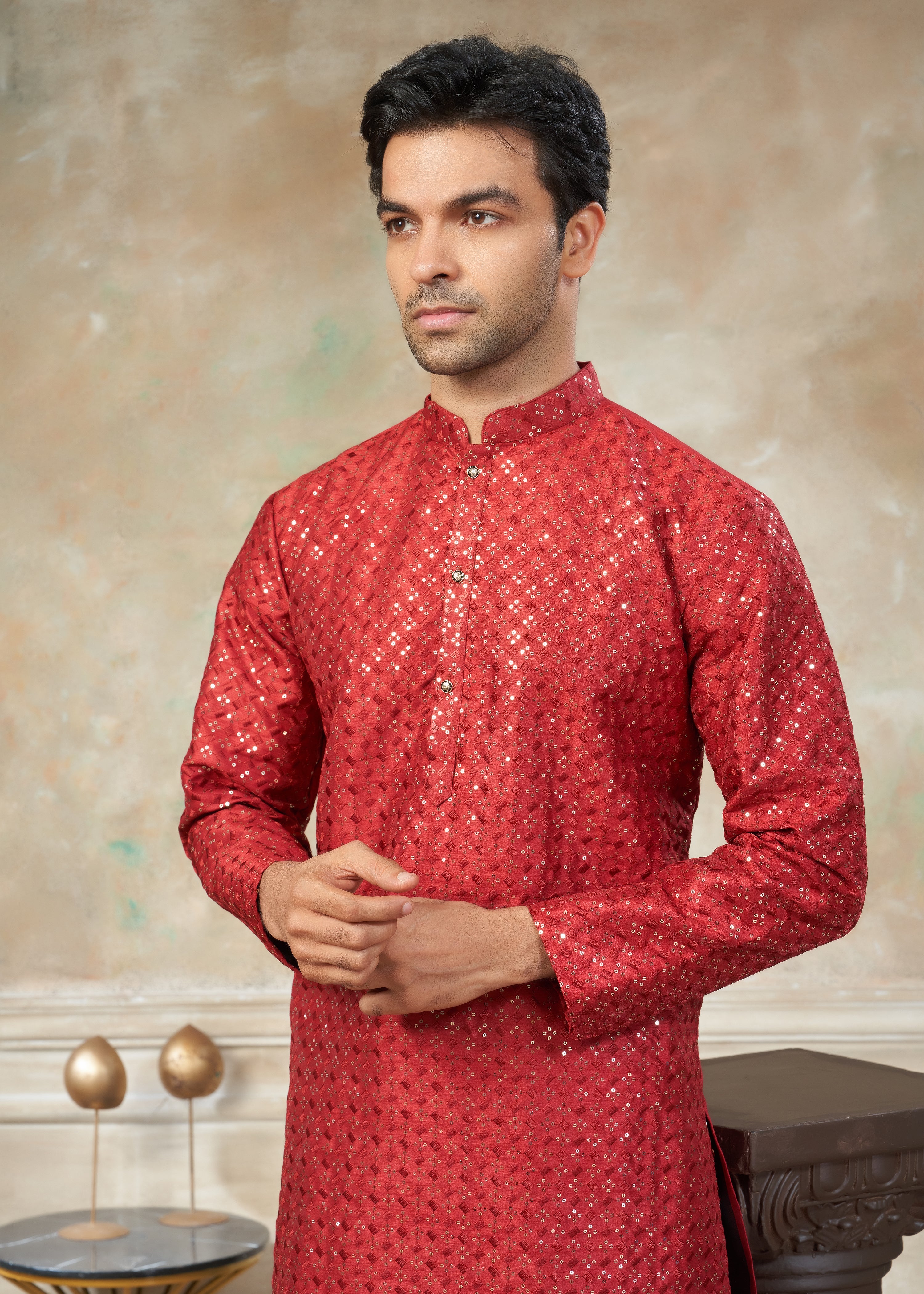 Red Color Rayon Cotton with sequence embroidery work menswear kurta pajama 139005