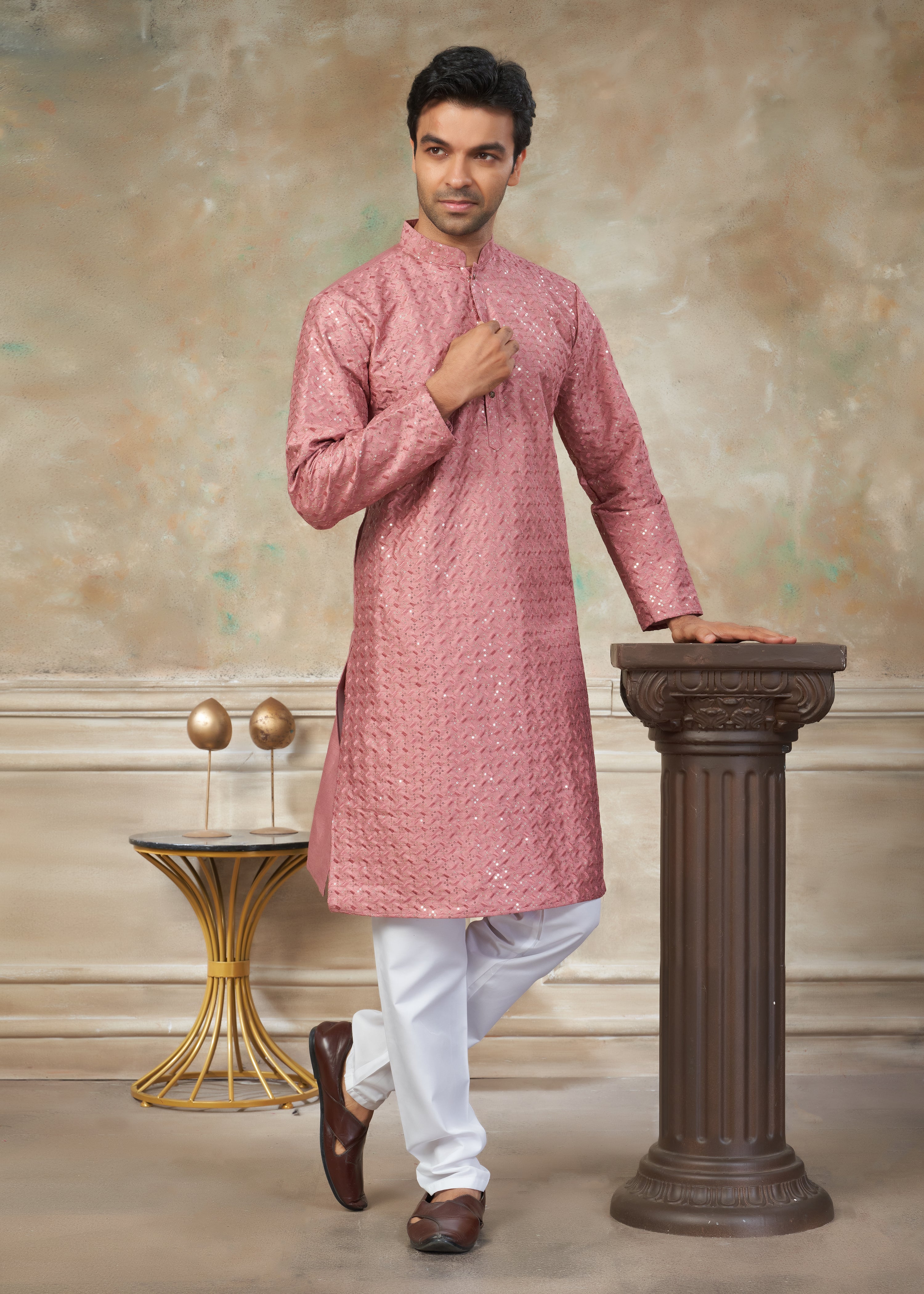 Pink Color Rayon Cotton with sequence embroidery work menswear kurta pajama 139006
